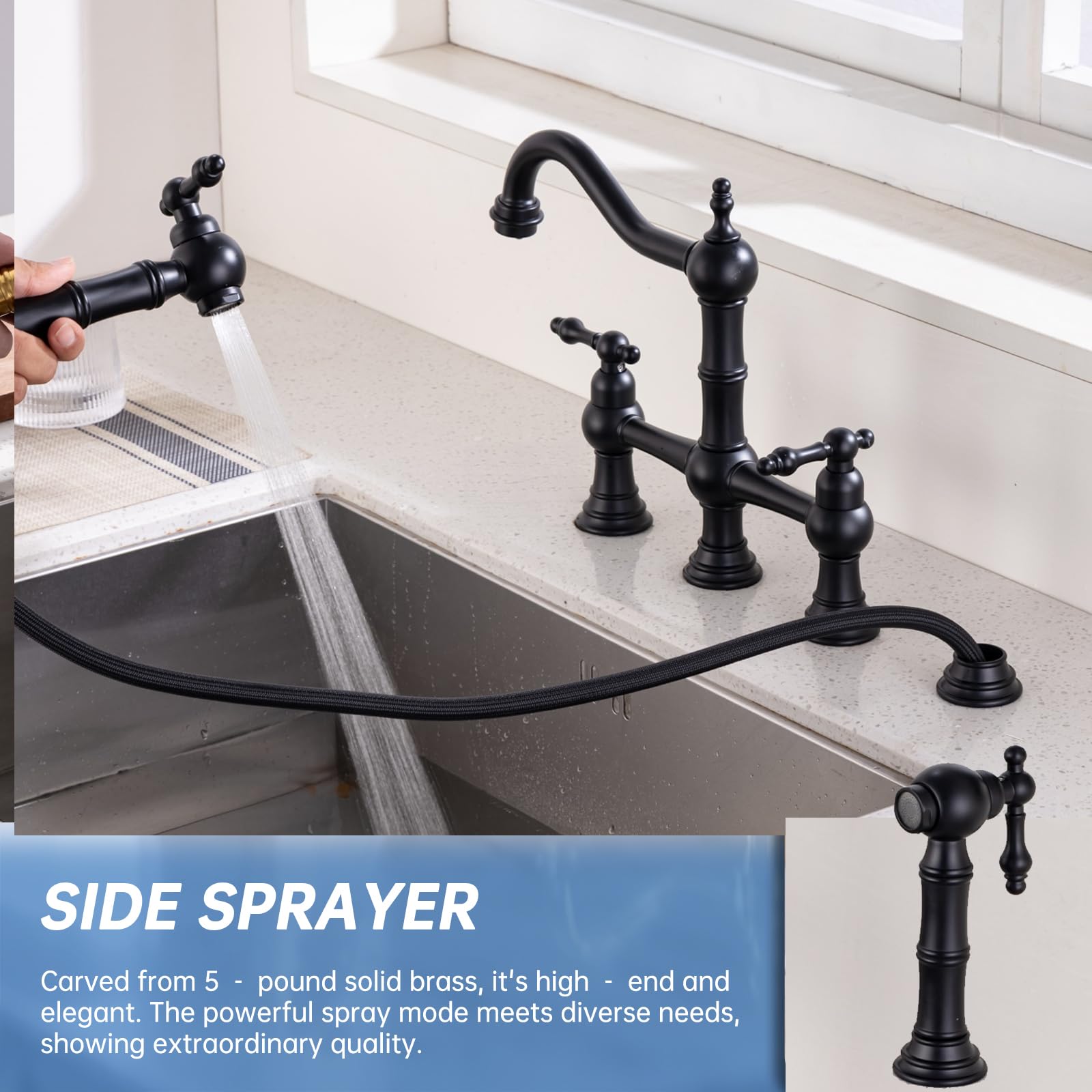 Ekrte Black Bridge Kitchen Faucet With Side Sprayer,2-Handle Bridge Faucet For Kitchen Sink, Matte Black Cassical Kitchen Faucet,Pull Out Centerset Bridge Sink Faucet