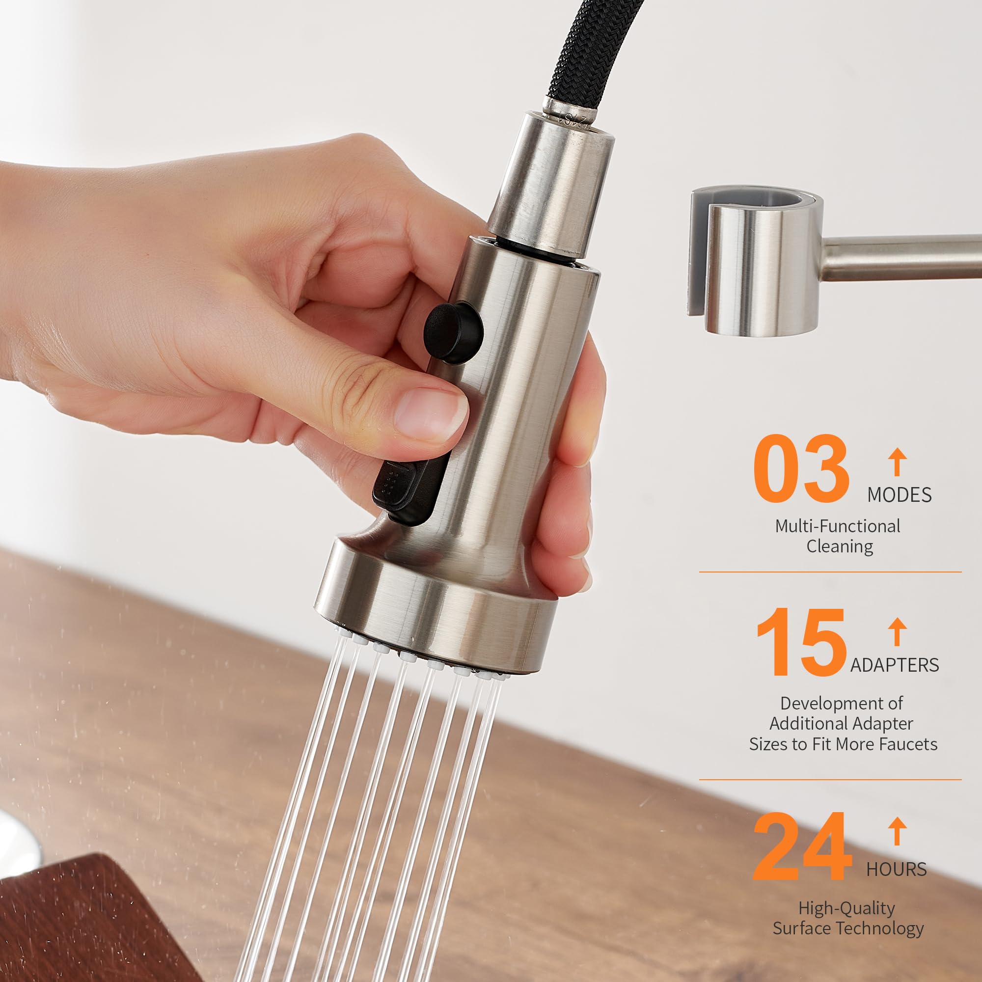 Tioriy Pull Down Spray Head Replacement - For Kitchen Faucet Sprayer Head With 15 Adapters, 3 Function Pull Out Faucet Spray Nozzle, Brushed Nickel