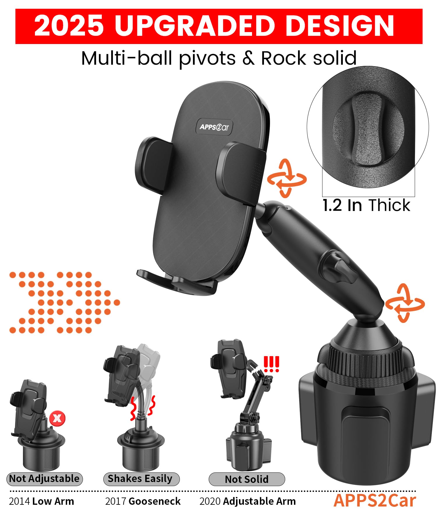 Apps2Car Sturdy Cup Phone Holder Mount For Car, Adjustable Height & Reach, Flexible Long Arm With Multi-Ball Pivot, One-Hand Operation, Compatible With Iphone Samsung Android Smartphones