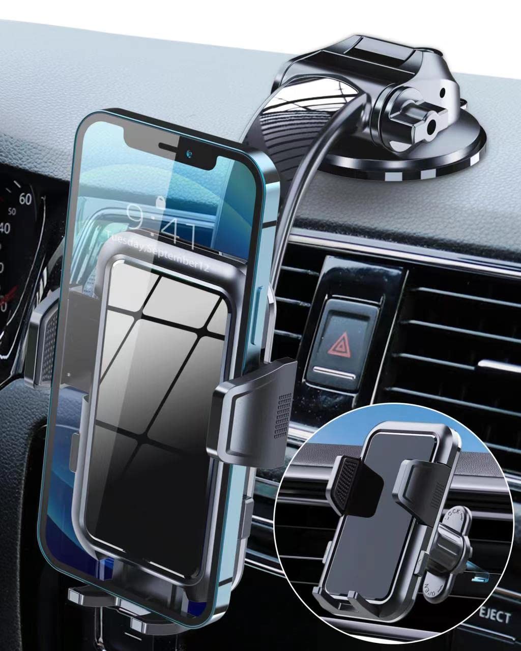 Yfyyf Phone Mount For Car Phone Holder Mount For Dashboard Windshield Vent, Military Grade Suction & Metal Hook, Hands Stand Cell Phone Holder Car Accessories For Iphone