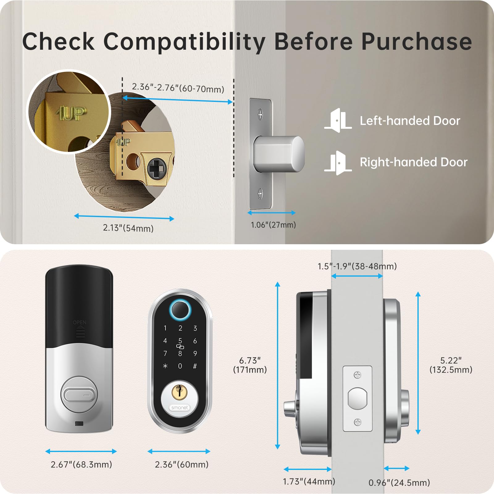 Smonet Smart Deadbolt, Fingerprint Electronic Deadbolt Door Lock With Keypad-Bluetooth Keyless Entry Front Door Digital Keypad App Control, Ekeys Sharing, App Monitoring Auto Lock For Homes And Hotel