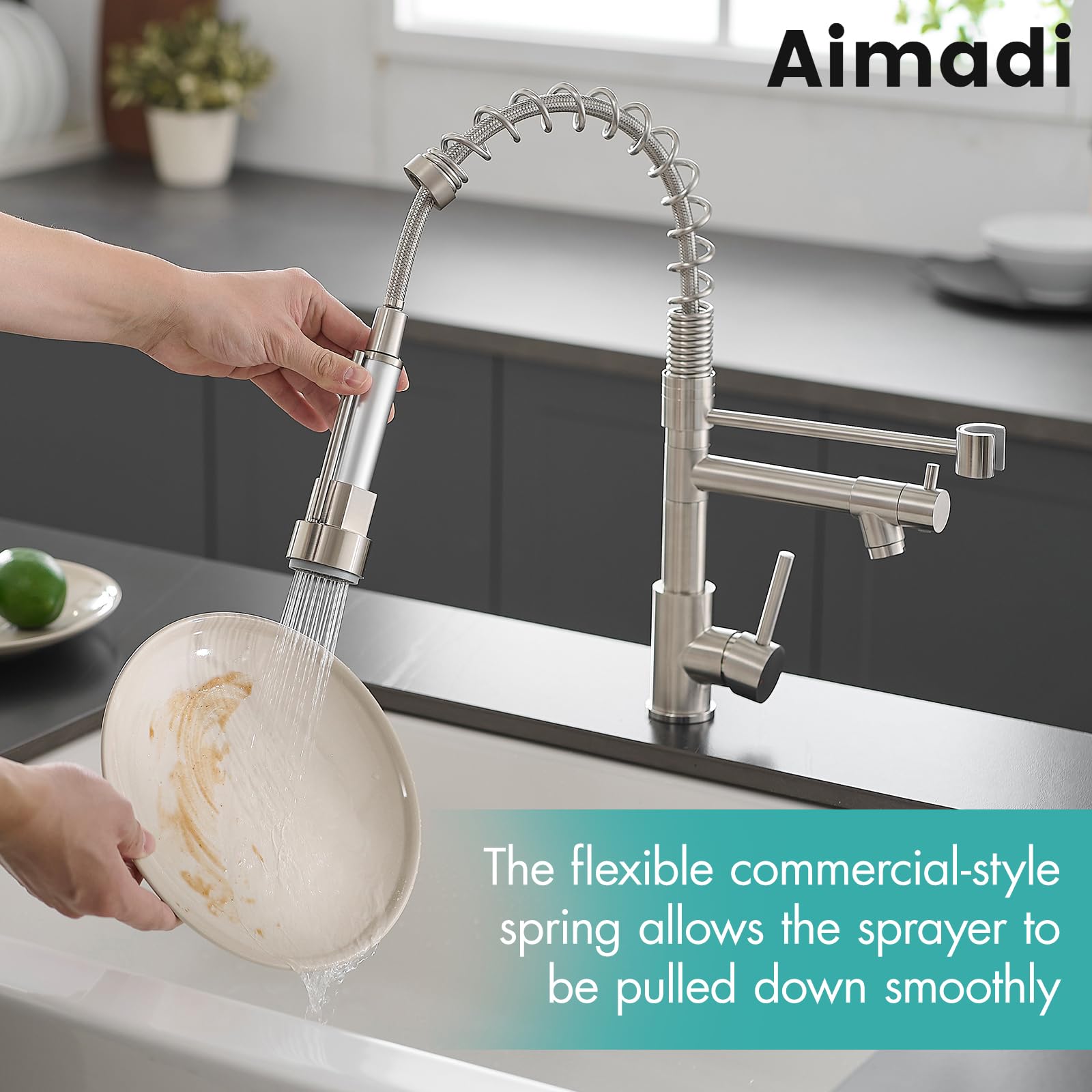 Aimadi Contemporary Kitchen Sink Faucet,Single Handle Stainless Steel Kitchen Faucets With Pull Down Sprayer,Brushed Nickel