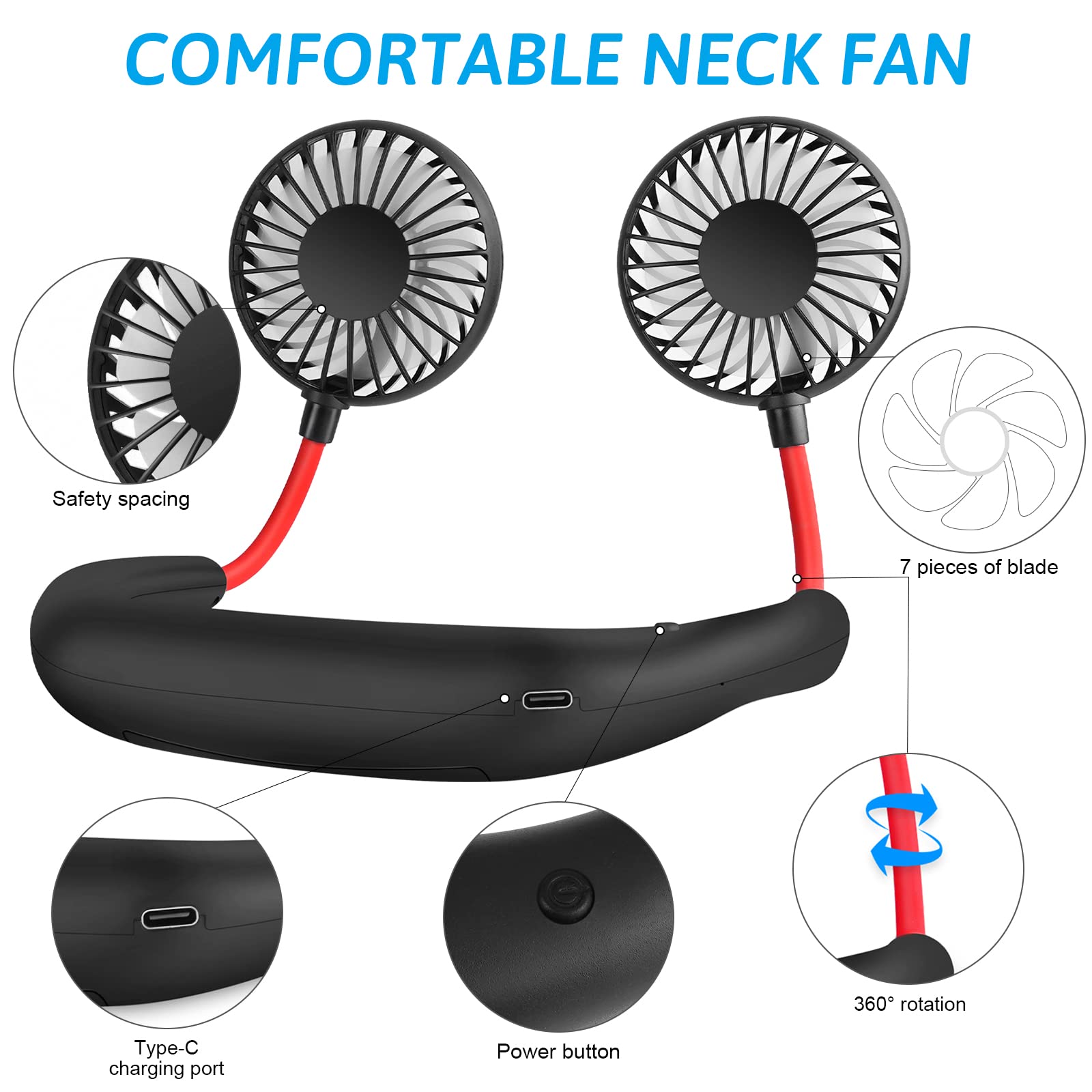 Portable Neck Fan Rechargeable Usb Hands-Free Fan Personal 360° Double Headed Free Rotation 3 Speed