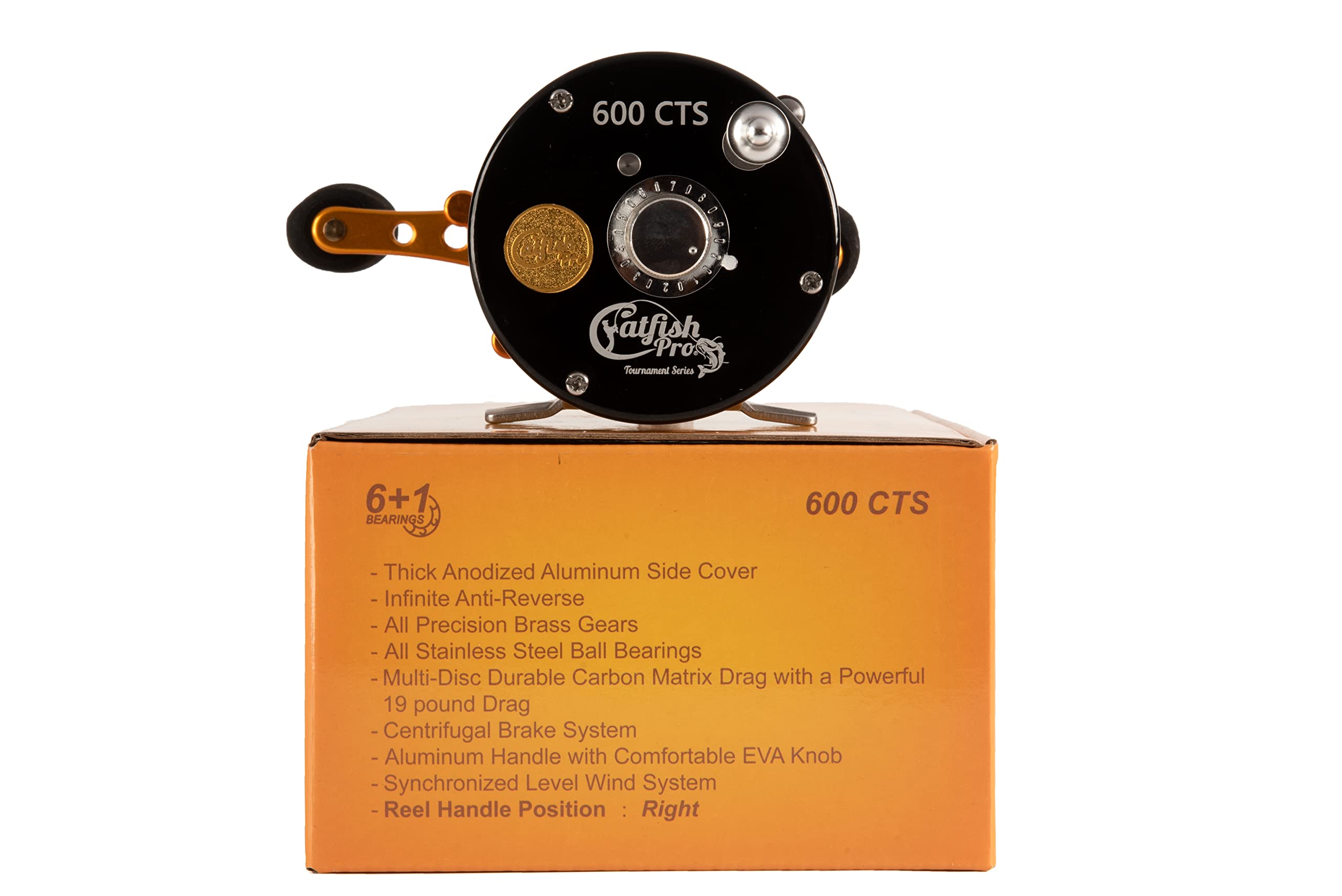 Catfish Pro Tournament Series 600Cts Round Baitcasting Reel - 6+1 Stainless Steel Ball Bearings, 5.3:1 Gear Ratio, 19Lb Drag, Brass Gears, Centrifugal Brake, Durable & Powerful For Big Catfish Fishing