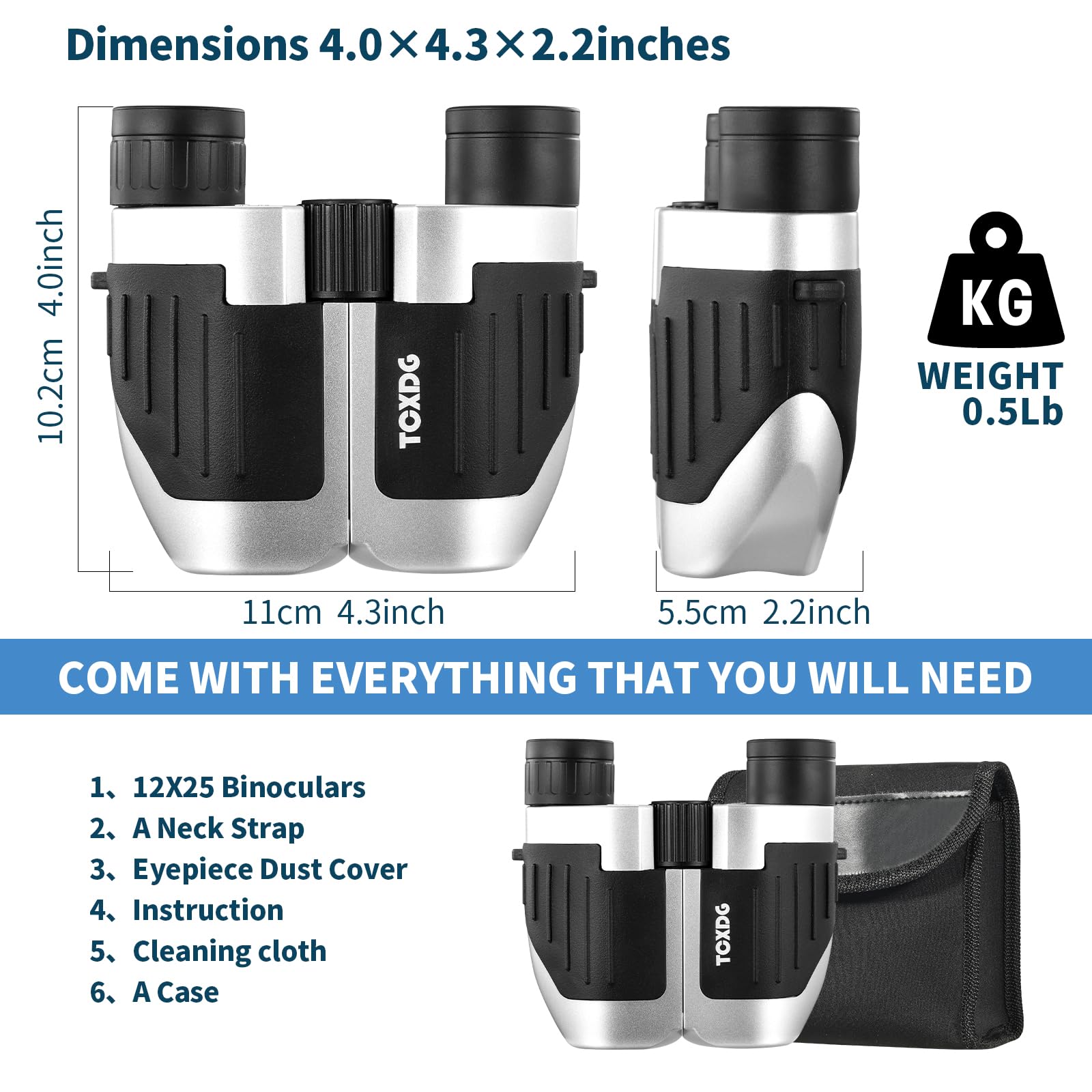 Tcxdg 12X25 Compact Binoculars For Kids And Adults - High Powered Large View Waterproof Binoculars With Clear Low Light Vision, Easy Focus For Bird Watching, Hunting, Travel (Silver)