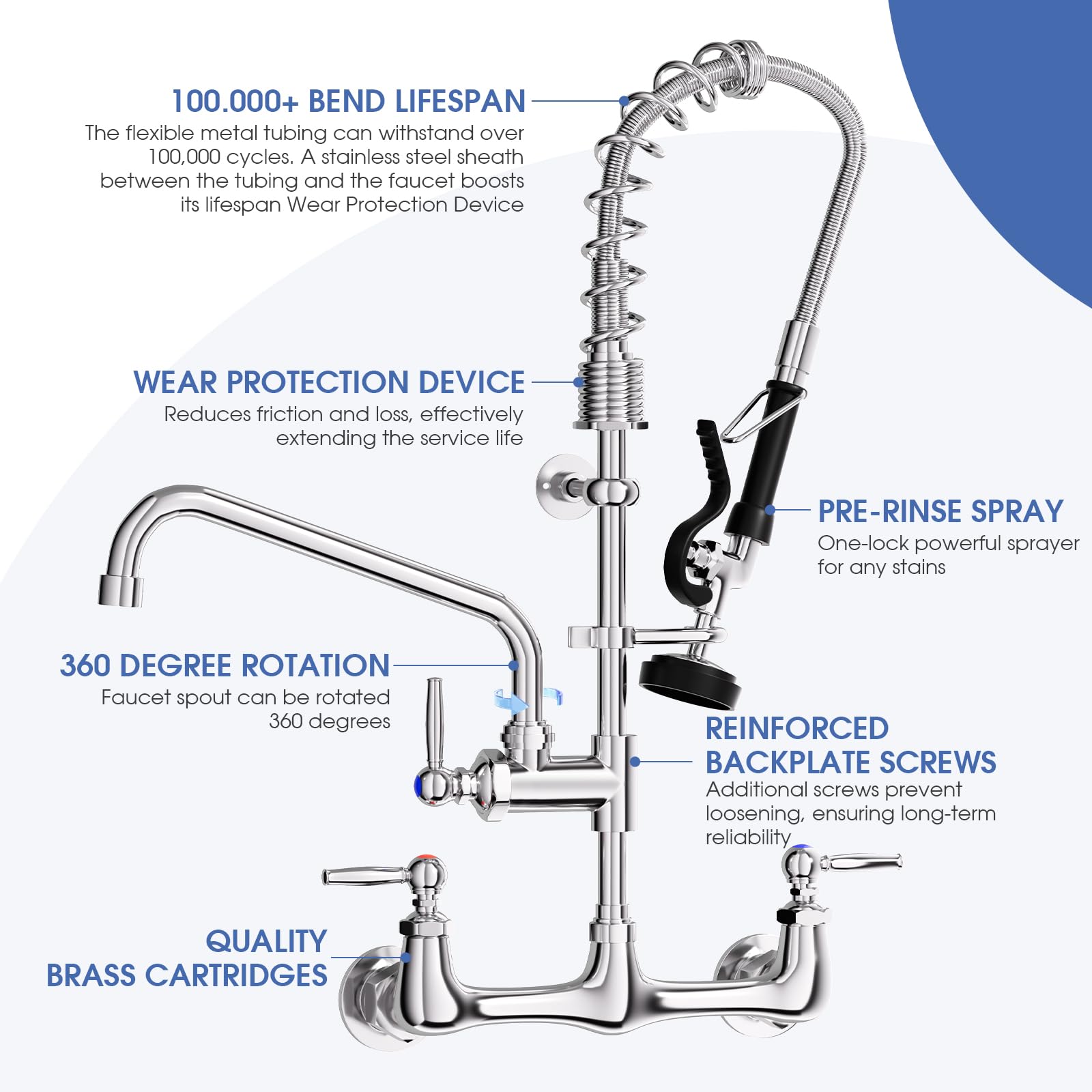 Nymeliu Commercial Faucet With Sprayer, 25'' Height Wall Mount Faucet, 8 Adjustable Center, 12'' Swing Spout, Pre Rinse Sprayer For Commercial Kitchen Compartment Sink, Chrome, Industrial