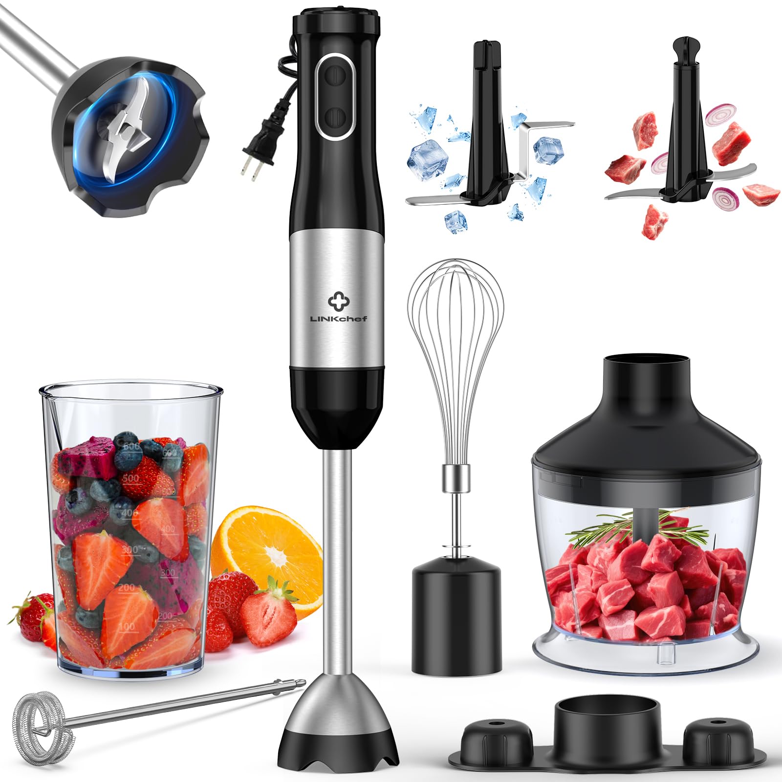 Linkchef 7 In 1 Immersion Blender Handheld, 800W Hand Blender Set, Scratch Resistant With 2 Titanium Steel Blades, 20 Speed And Turbo Mode, Includes Whisk, Milk Frother, Food Processor & Beaker