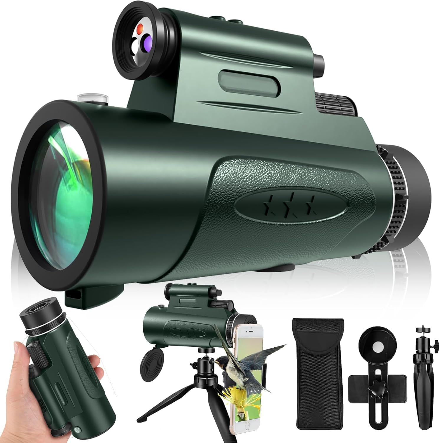 Asxmhgo Monocular Telescope With Lights Hd Monoculars 80X100 For Adults High Powered Monocular For Hunting With Smartphone Holder & Tripod, Handheld Telescope Suitable For Bird Watching Stargazing-Green