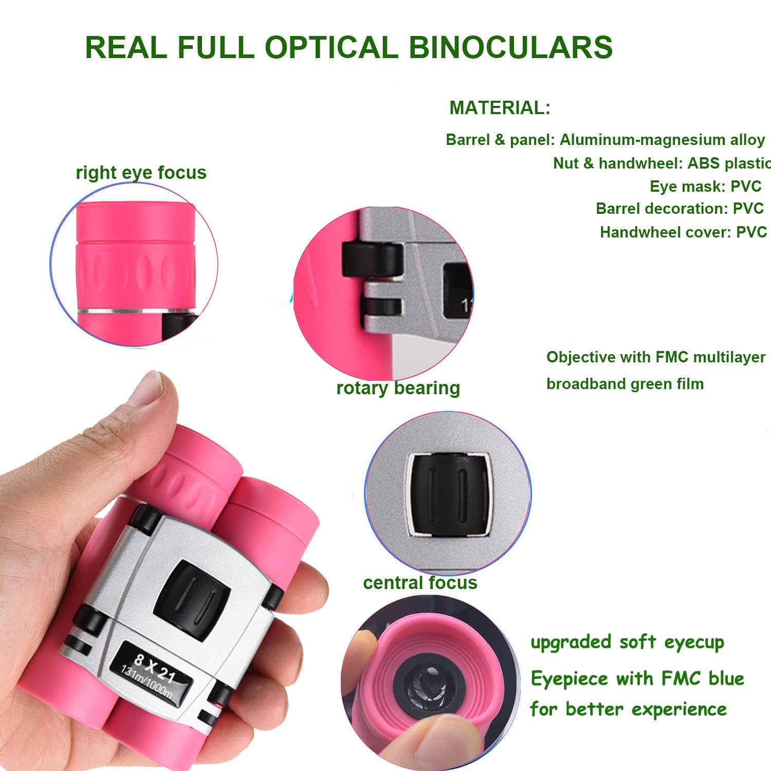 Awoez 8X21 Compact Binoculars For Adults Teens, Mini Small Full Optical Binoculars For Bird Watching Opera Hiking Hunting Travel Concert (Pink)
