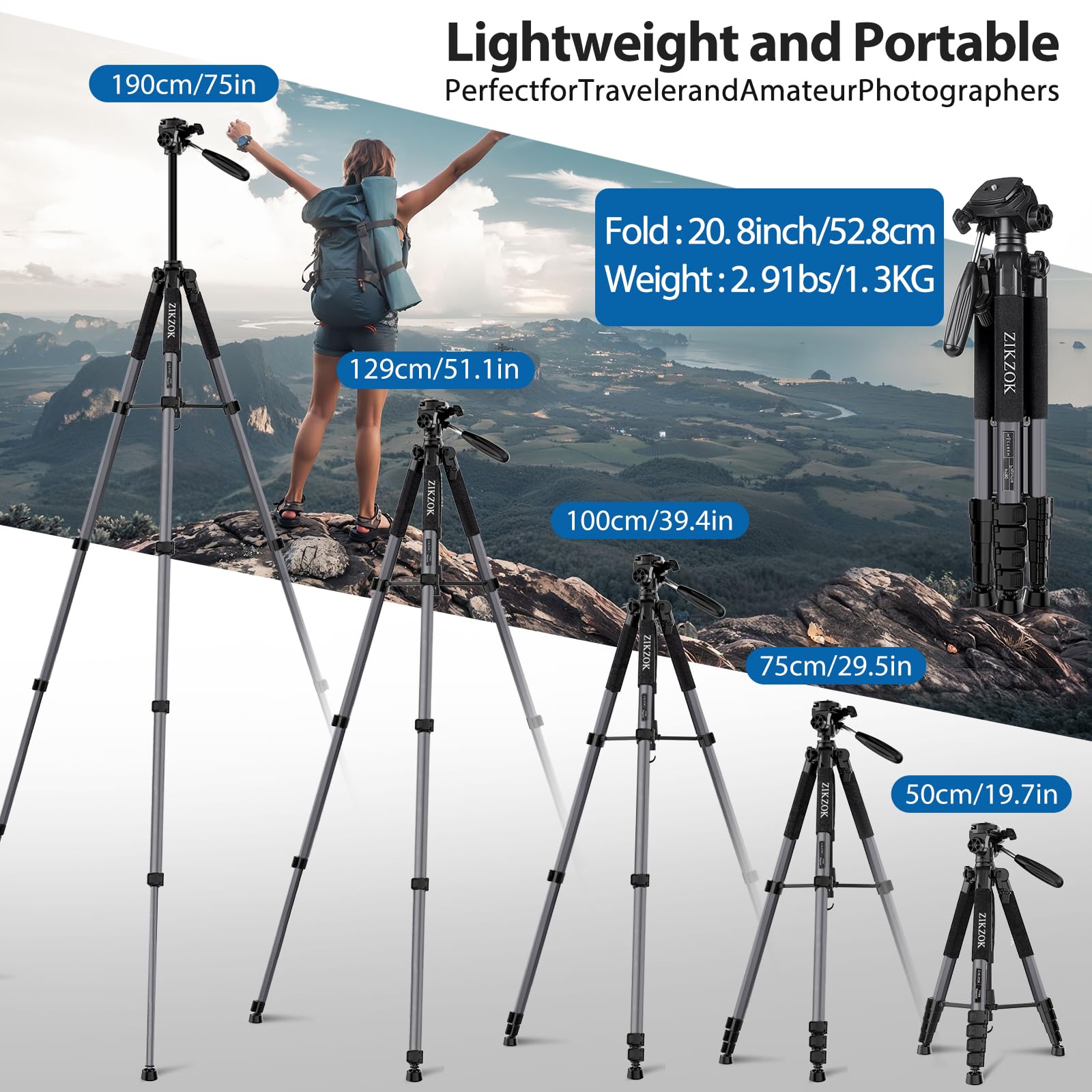 Zikzok 75" Camera Tripod, Heavy Duty Aluminum Camera Stand For Ipad Phone, Travel Tripod With Remote/Carry Bag/Phone Tablet Holder, Compatible With Dslr, Spotting Scopes, Max Load 15 Lb(Grey)
