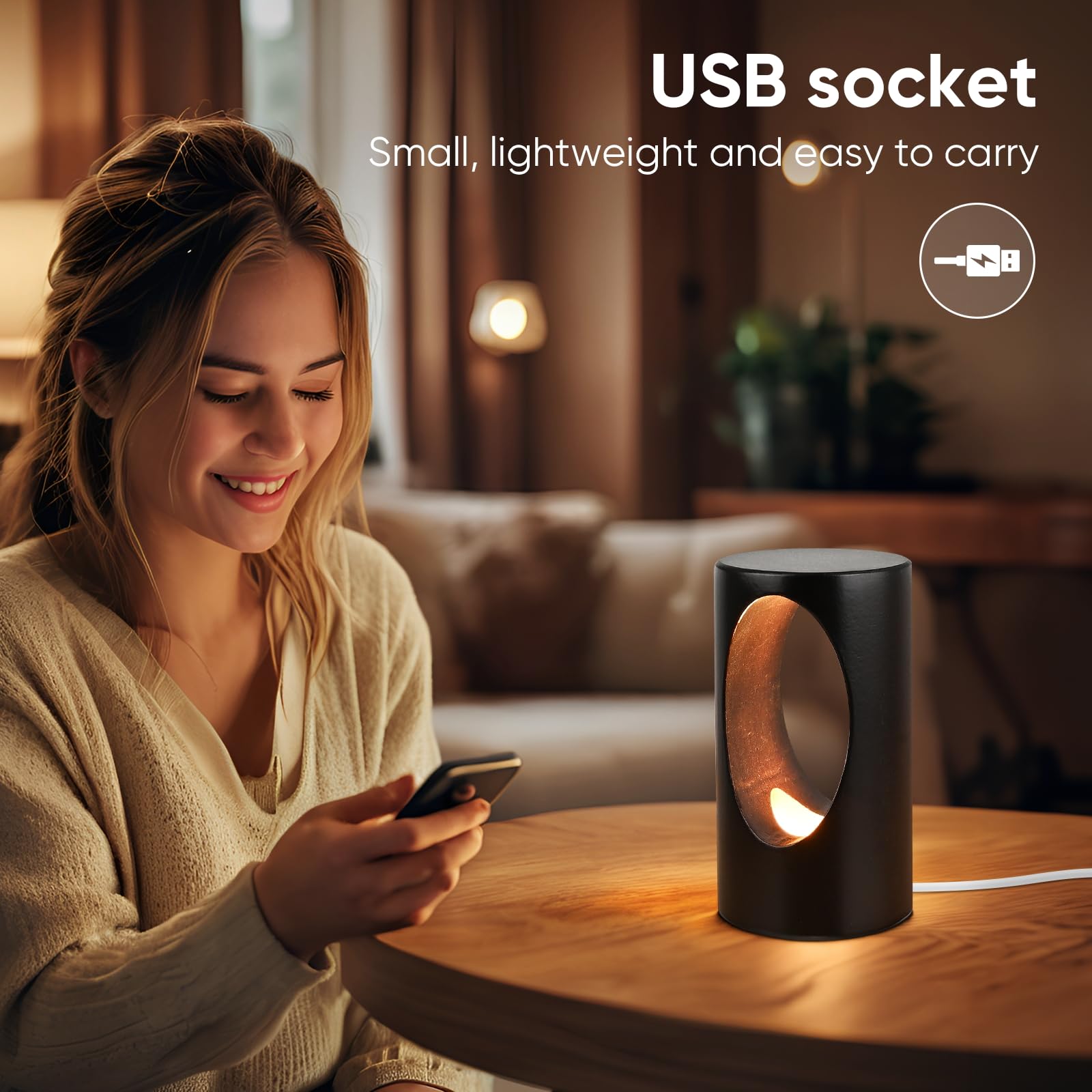 Lonrisway Led Wood Table Lamp,Natural Beech Bedroom Bedside Night Light, Dimmable Led Lighting, Creative Home Decor Desk Lamp, Unique House Warmging