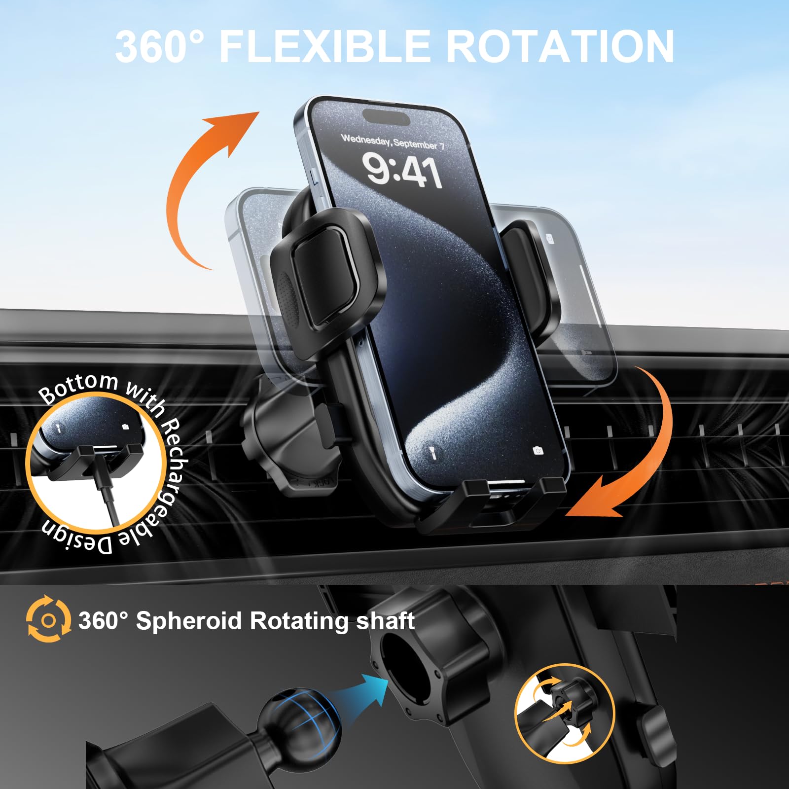 Zrtxba Phone Holders For Your Car With Metal Hook Clip, Air Vent Cell Phone Car Mount 360° Rotation Car Phone Holder Universal Automobile Cradle Fit For Iphone Android And All Smartphones Dark Black