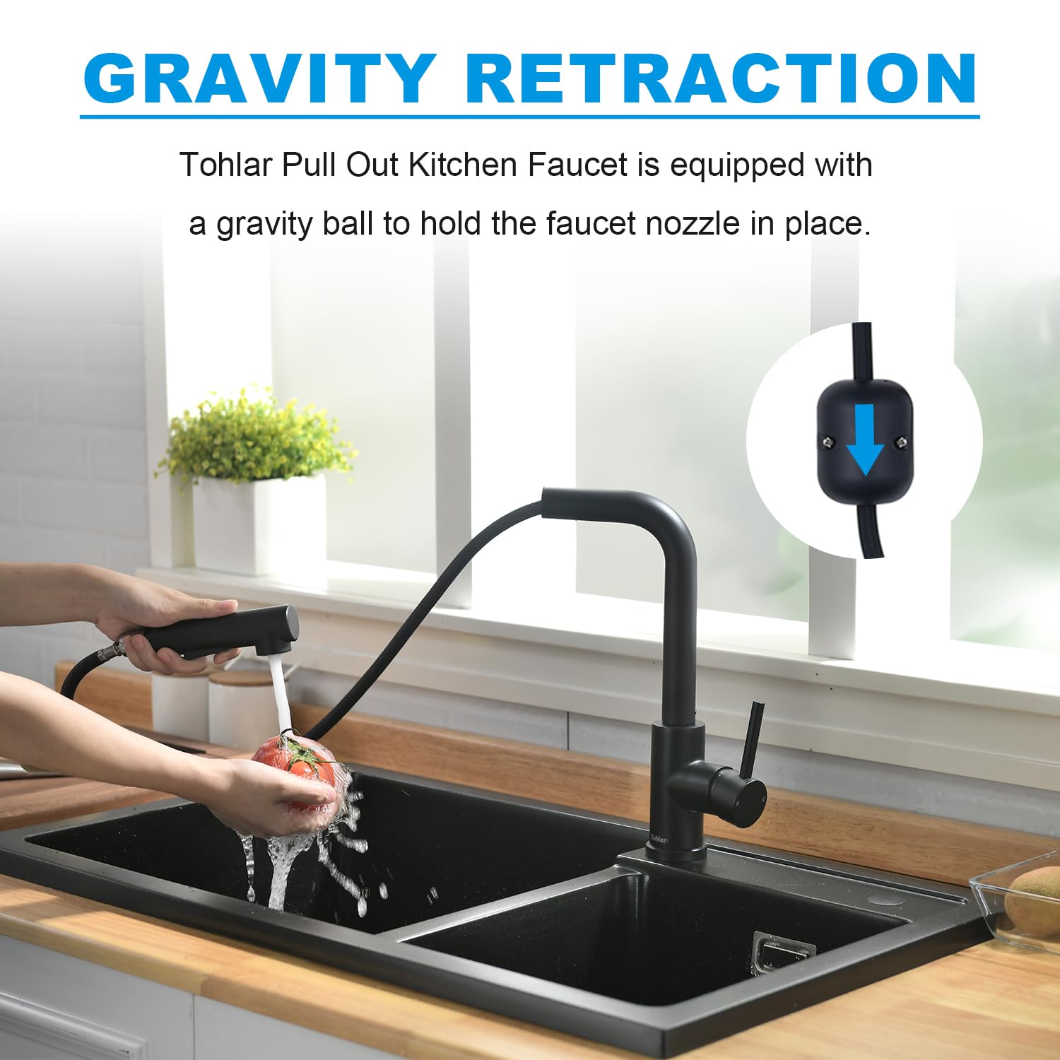Tohlar Black Kitchen Faucet With Pull Down Sprayer, Stainless Steel Kitchen Sink Faucets With Deck Plate For Sink 1 Or 3 Hole, 360° Swivel Pull Out Kitchen Faucet For Rv Laundry Bar (Matte Black)