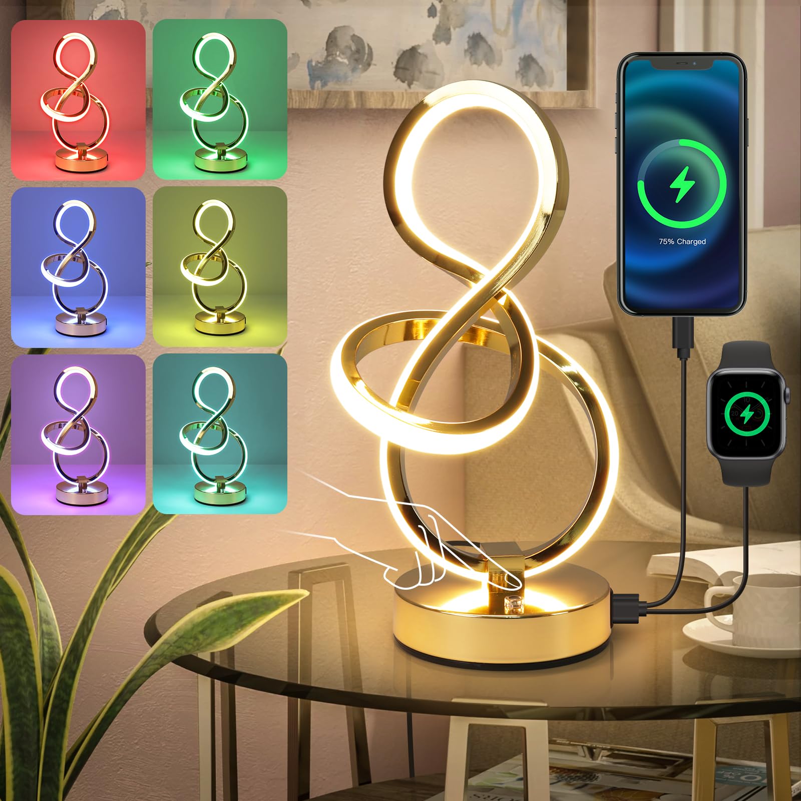 Eidearay Modern Spiral Table Lamp, 7 Colors 10 Light Modes Led Nightstand Small Lamp With Usb C+A Ports, Touch Dimmable Lamps For Living Room Bedroom Bedside, Unique & Cool Lamps,Gold