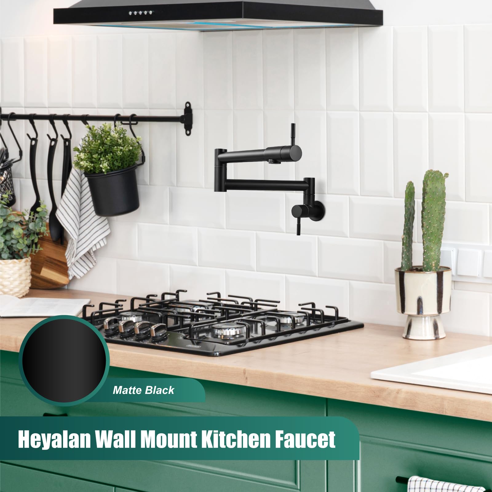 Heyalan Pot Filler 19 Inch Wall Mount Folding Stretchable Kitchen Restaurant Faucet Stainless Steel Pot Filler Double Joint Swing Arm Two Handles Commercial Npt,Straight Handle,Matte Black