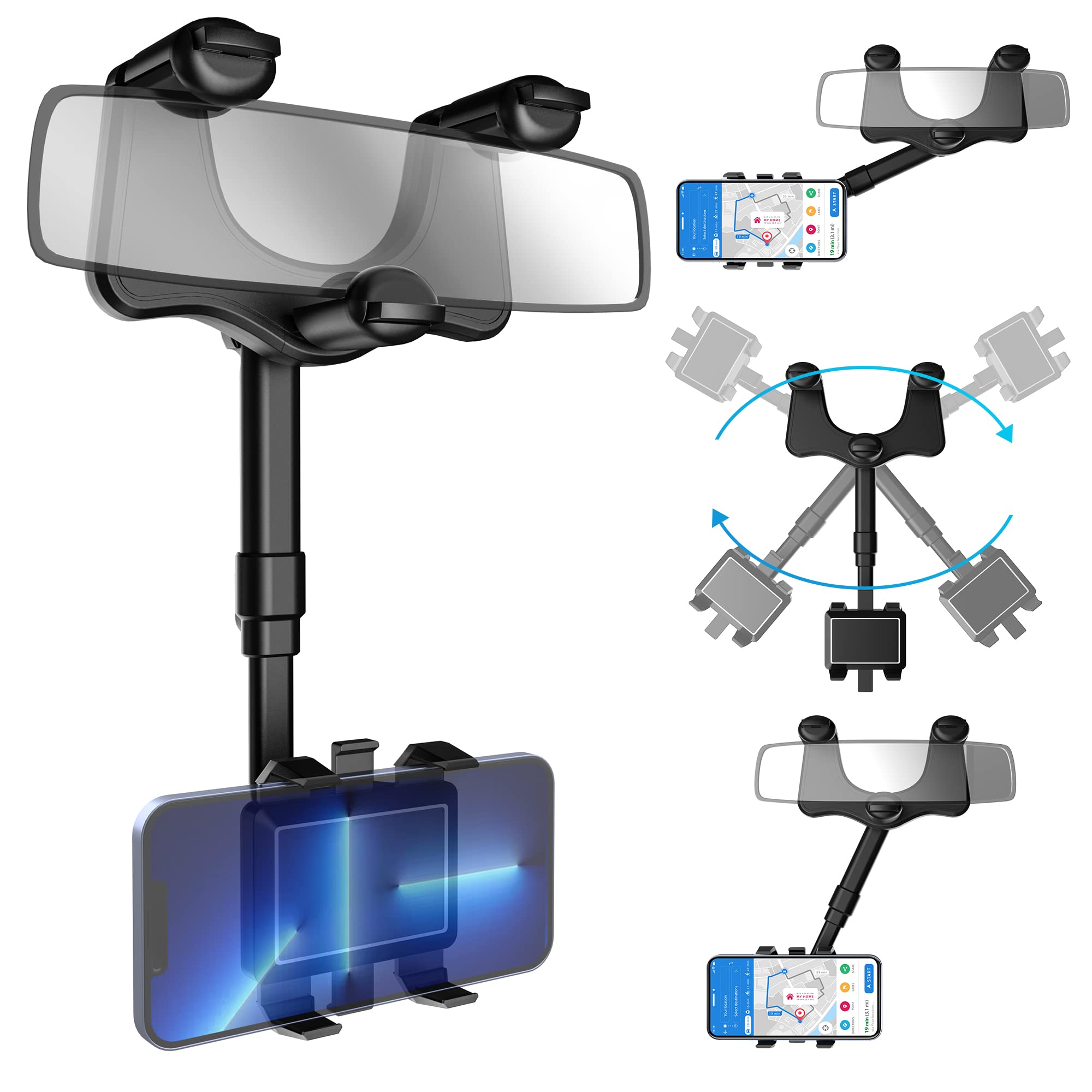 Sxhyf Rear View Mirror Phone Holder, Rotatable And Retractable, Universal Mount, Cell Car Fit For Iphone 11 12 13 14 Pro Max Samsung All Phone