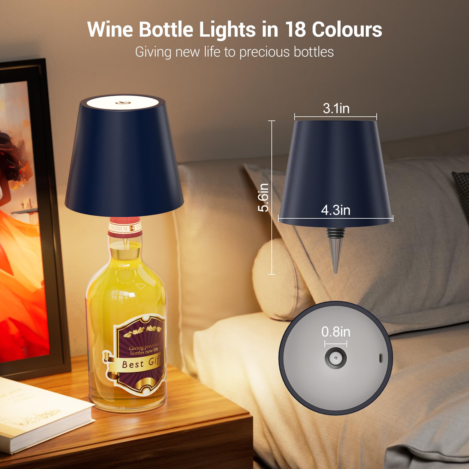 Nulmvic Wireless Bottle Lamp Shade - Portable Led Wine Bottle Lamp With Stopper, 3 Color Stepless Dimming Rechargeable Touch Wine Bottle Lights For Any Liquor Bottle Bars Restaurants (Black, 1 Pack)