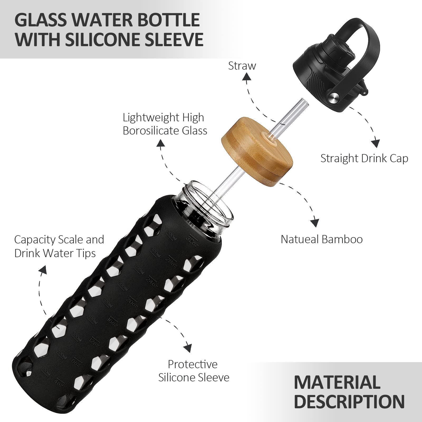 Mukoko 32Oz Glass Water Bottles With 2 Lids-Handle Spout Lid&Bamboo Straw Lid