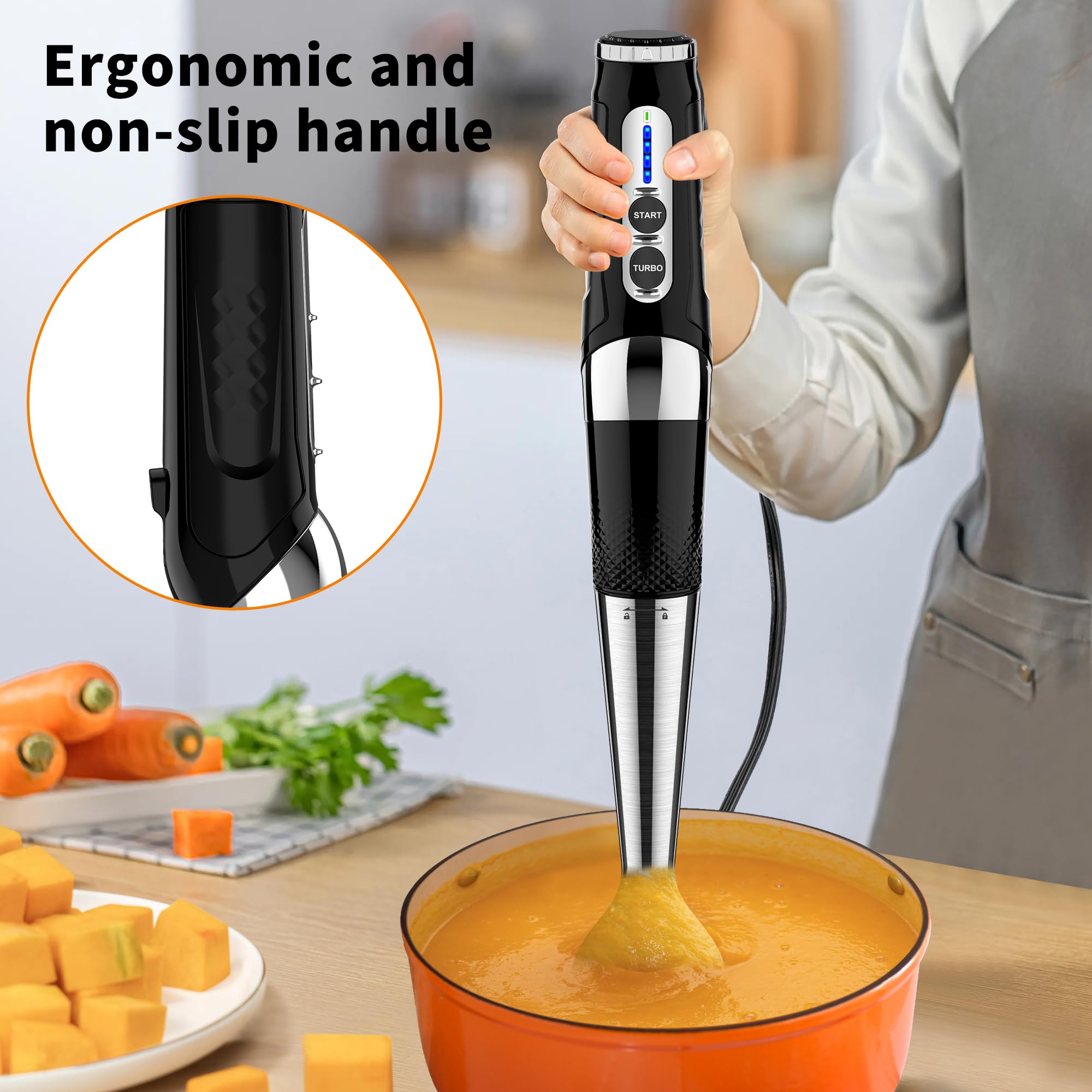 Binroc Immersion Blender Handheld, 3-Angle Adjustable With 21-Speed Electric Hand Emulsion Stick Blender With Stainless Steel Bladefor Milkshakes, Puree, Soup, Baby Food, Smoothies