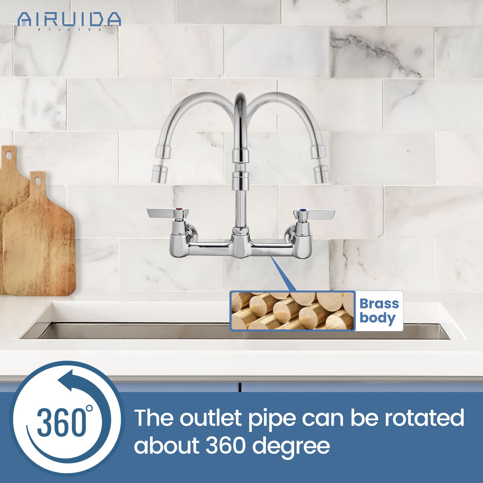 Airuida Wall Mount Kitchen Sink Faucet Wall Mounted Faucet 8 Inches Center Commercial Kink Tap 2 Handle Laundry Room Restaurant Compartment Sink Swivel Spout Without Adapters Chrome Polish