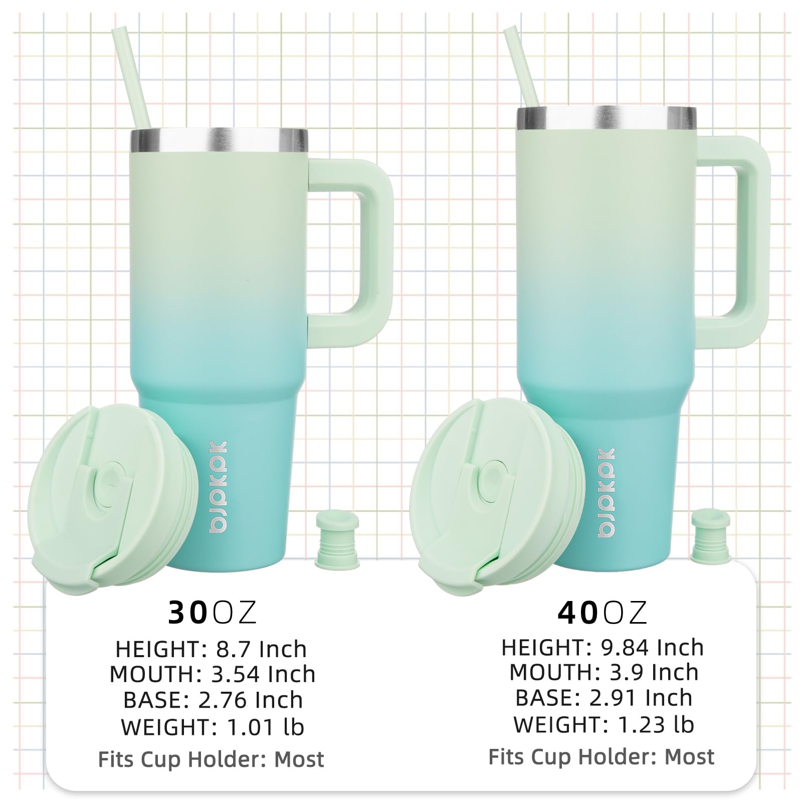 30oz stainless steel tumbler by BJPKPK, insulated with handle and straw, perfect for cold drinks in mint color