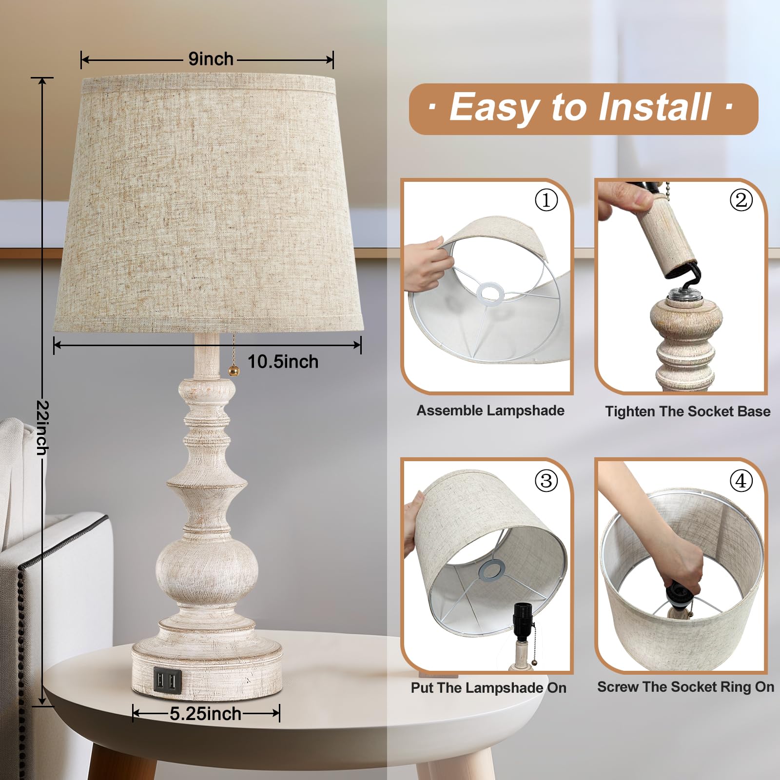 Drawealth Table Lamps For Bedrooms Set Of 2 Farmhouse Bedside Lamps For Nightstand With Usb Charging Ports Traditional Side Table Lamps For Living Room Wooden Finish, Pull Chain, Bulbs Not Included