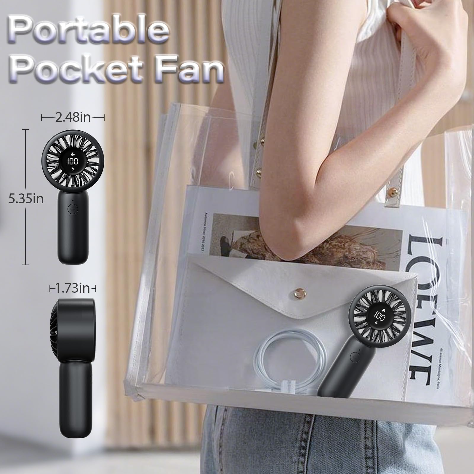 Handheld Fan - Portable Handheld Turbo Fan Rechargeable With Lanyard, 5 Speed Winds, Led Display