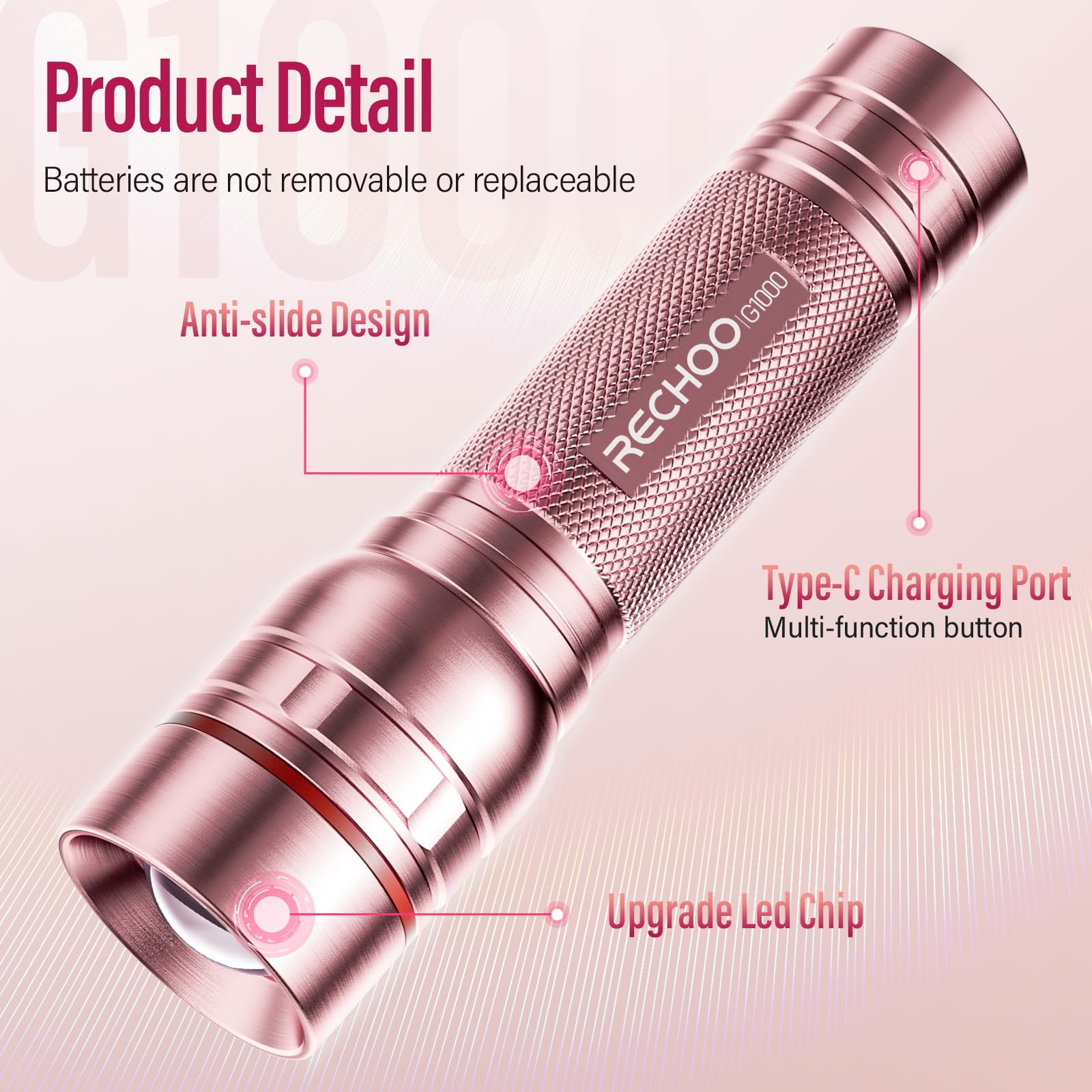Rechoo Rechargeable Flashlights High Lumens, G1000 Super Bright Flash Light Pink, Small Zoomable Led Flashlight With 3 Lighting Modes, Portable Tactical Flashlight For Camping Essentials,  For Women
