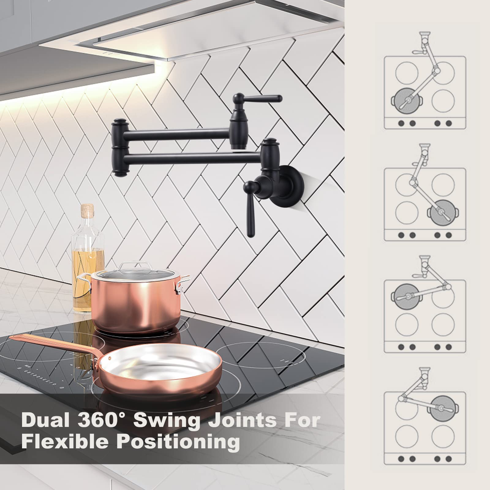 Arcora Black Pot Filler, Modern Wall Mount Kitchen Folding Faucet With 2 Handles, Double Joint Swing Arms, Brass Stove Faucet