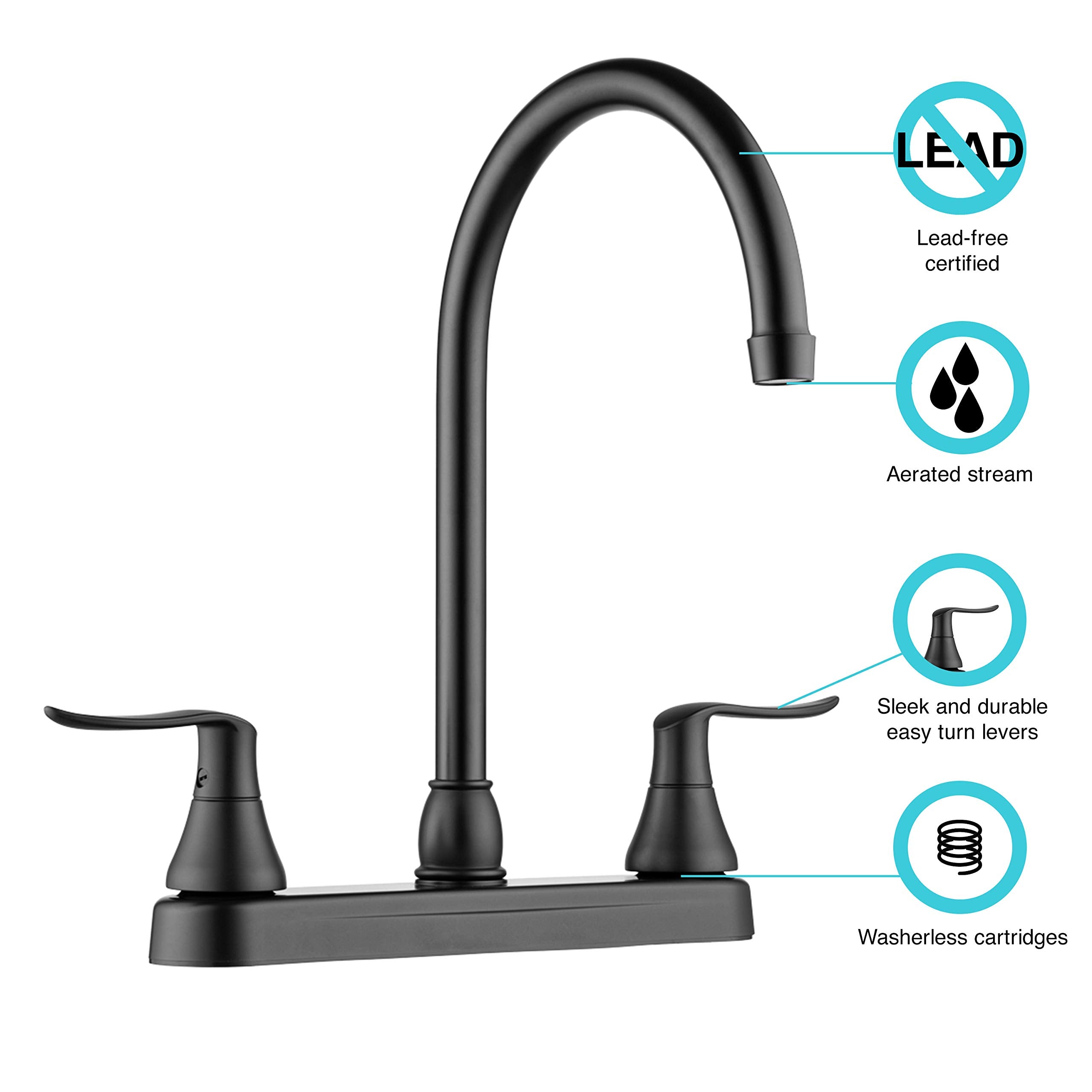 Dura Faucet Df-Pk330Hlh-Mb Rv Elegant J-Spout Swivel Kitchen Sink Faucet - Two Handle (Matte Black)