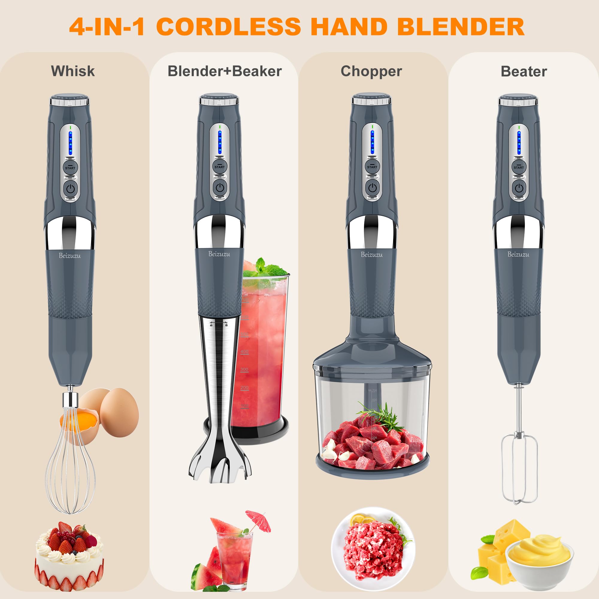 Beizuzu Cordless Immersion Blender: 4-In-1 Rechargeable Cordless Hand Blender, 21-Speed & 3-Angle Adjustable With Chopper, Beaker, Whisk, Beater For Milkshakes Smoothies Soup Baby Food (Grey)