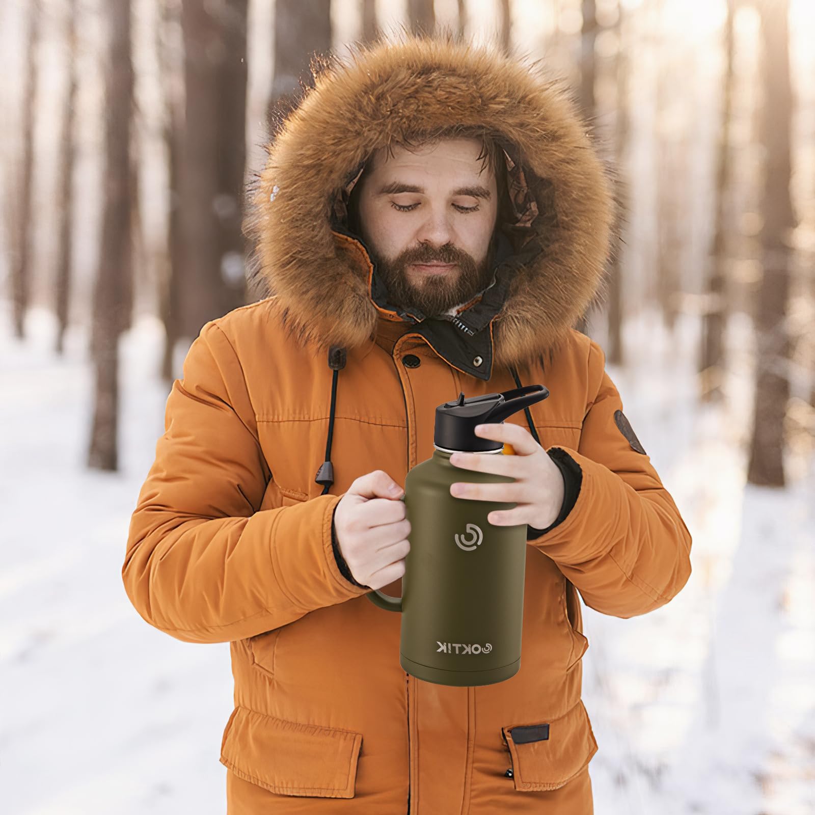 Coktik 64 Oz/Half Gallon Insulated Water Bottle Jug With Straw And Handle, Double Walled Stainless