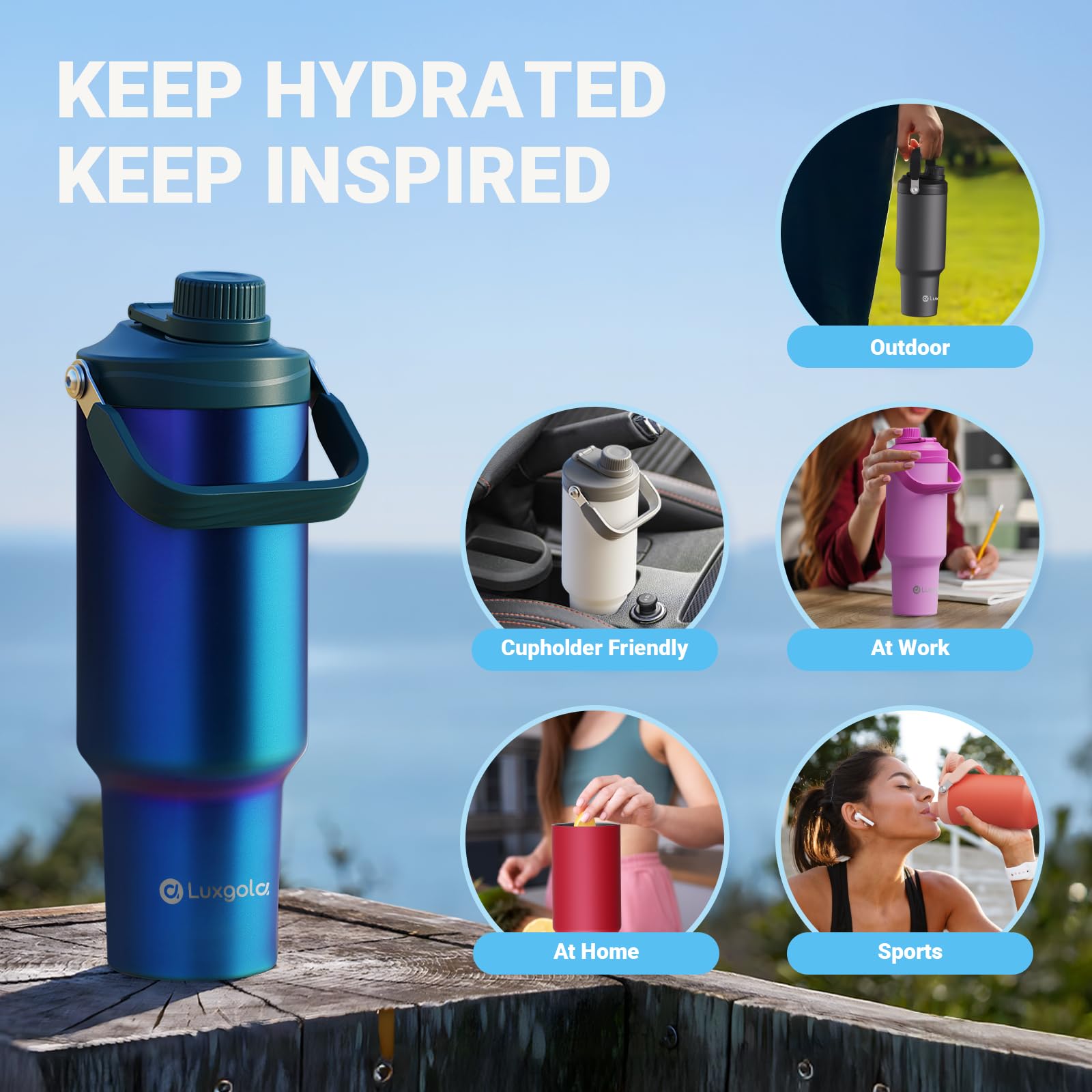 50 Oz Insulated Tumbler, Double Wall Vacuum Stainless Steel Cup With Handle And Spout Lid, For Cold