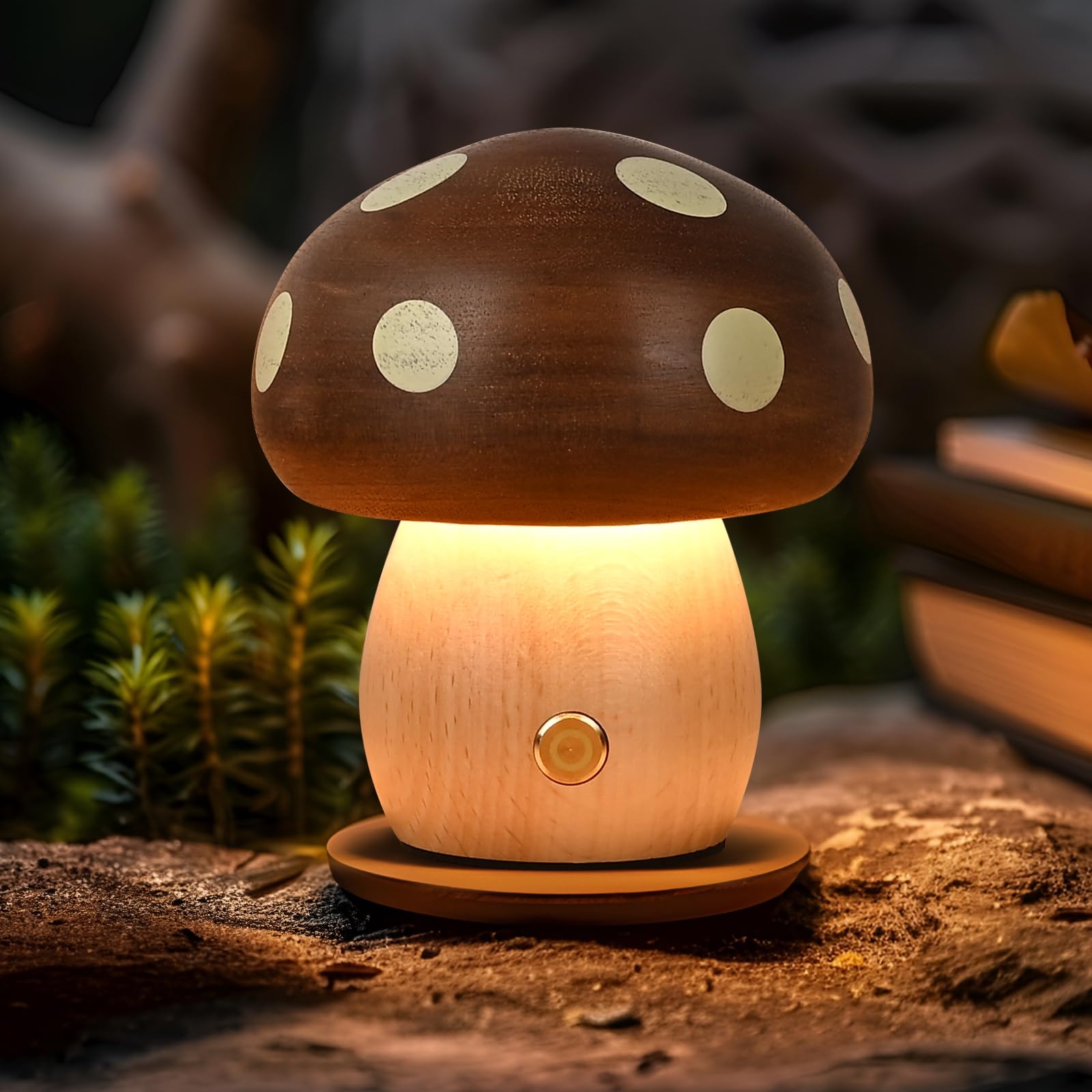 Lonrisway Led Wooden Mushroom Lamp, Rechargeable Battery Operated Portable Cordless Touch Switch Small Lamp, Stepless Dimming Night Light For Birthday