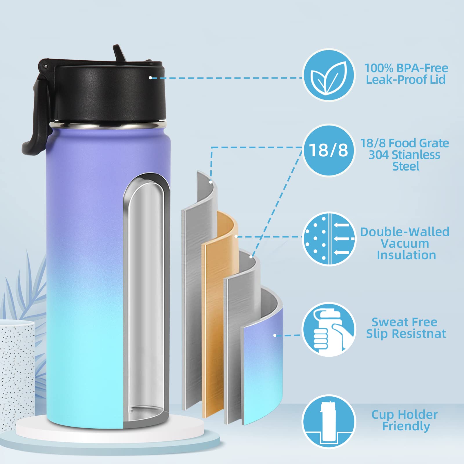 Volhoply 18Oz Insulated Water Bottle Bulk 8 Pack,Kids Stainless Steel Water Bottles With Straw Lid