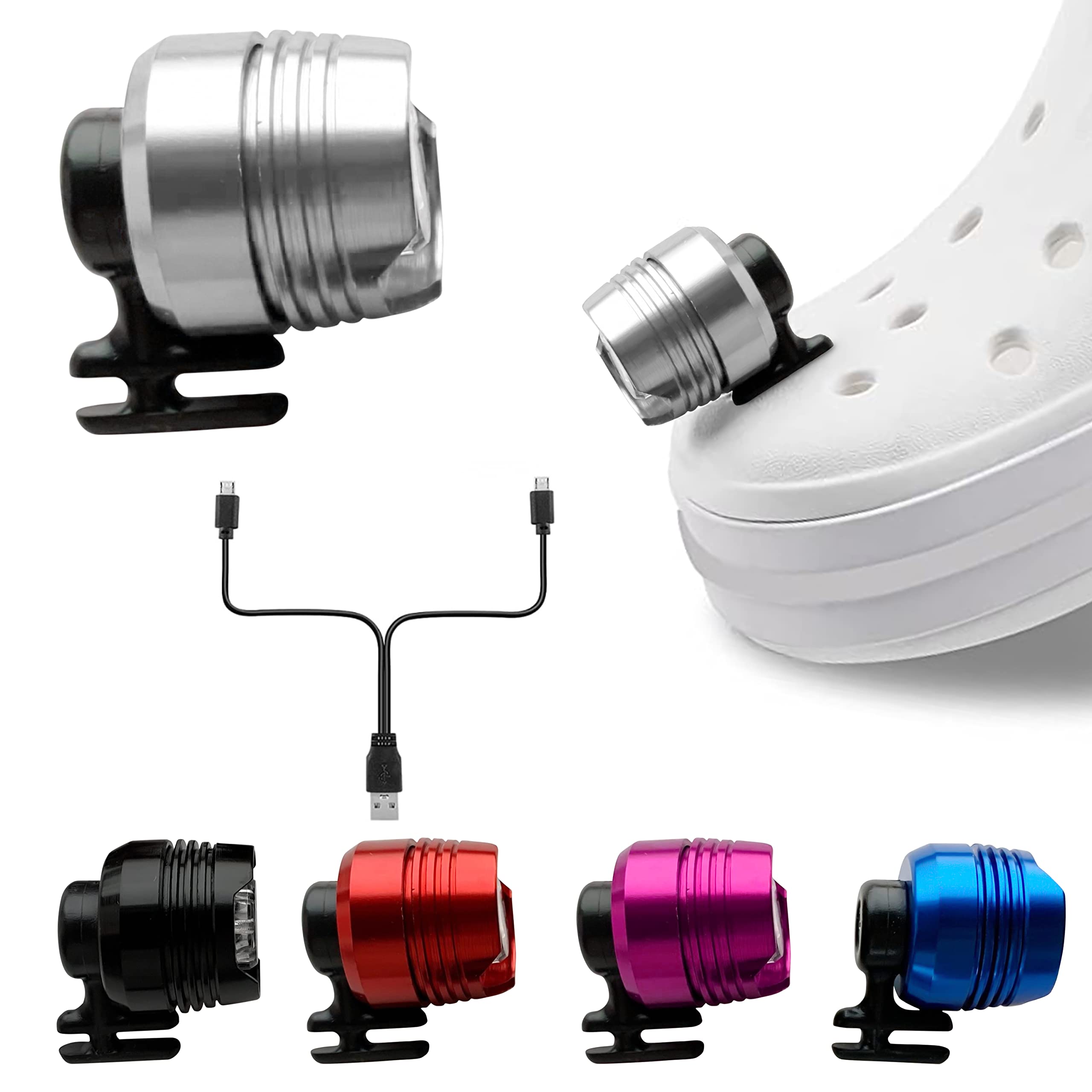 A Akeme Rechargeable Lights For Crocs, 2 Pack Led Lights For Croc, Waterproof Aluminum Alloy Accessories For Crocs, Headlights For Crocs For Boys, Girls, Men, Women, Adults, Kids (Silver)