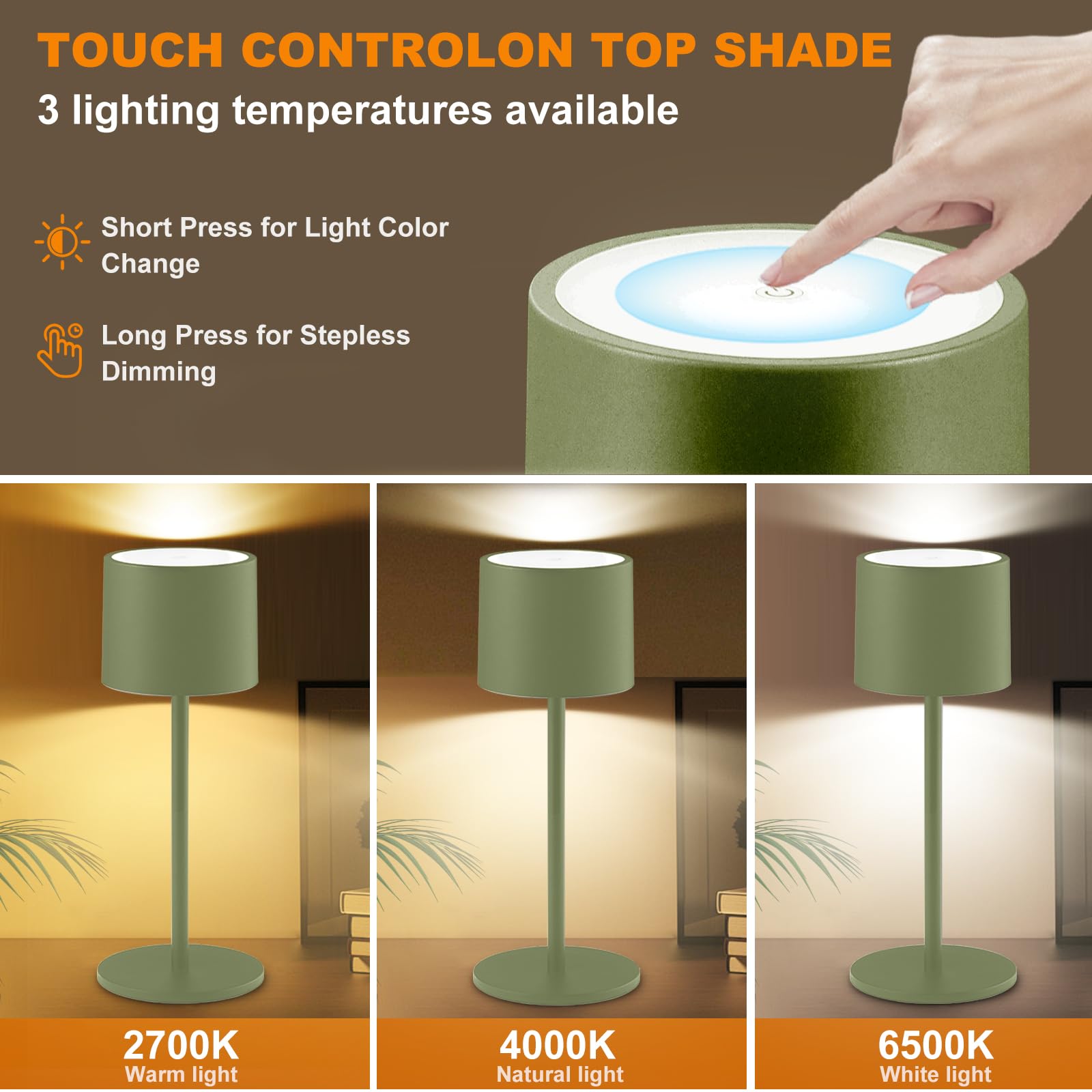 Bkzo 2 Pack Rechargeable Table Lamps, Battery Powered Led Desk Lamp, 3 Color Stepless Dimming Up, Portable Table Light For Bedroom/Couple Dinner/Desk/Cafe/Dining Room/Terrace,Waterproof & Wireless