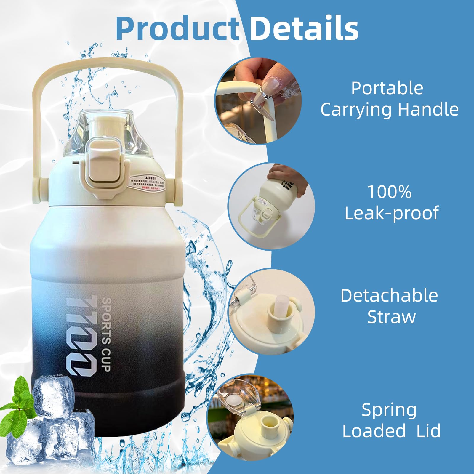 37Oz Insulation Stainless Steel Water Bottle, Leakproof Travel Thermo Mug