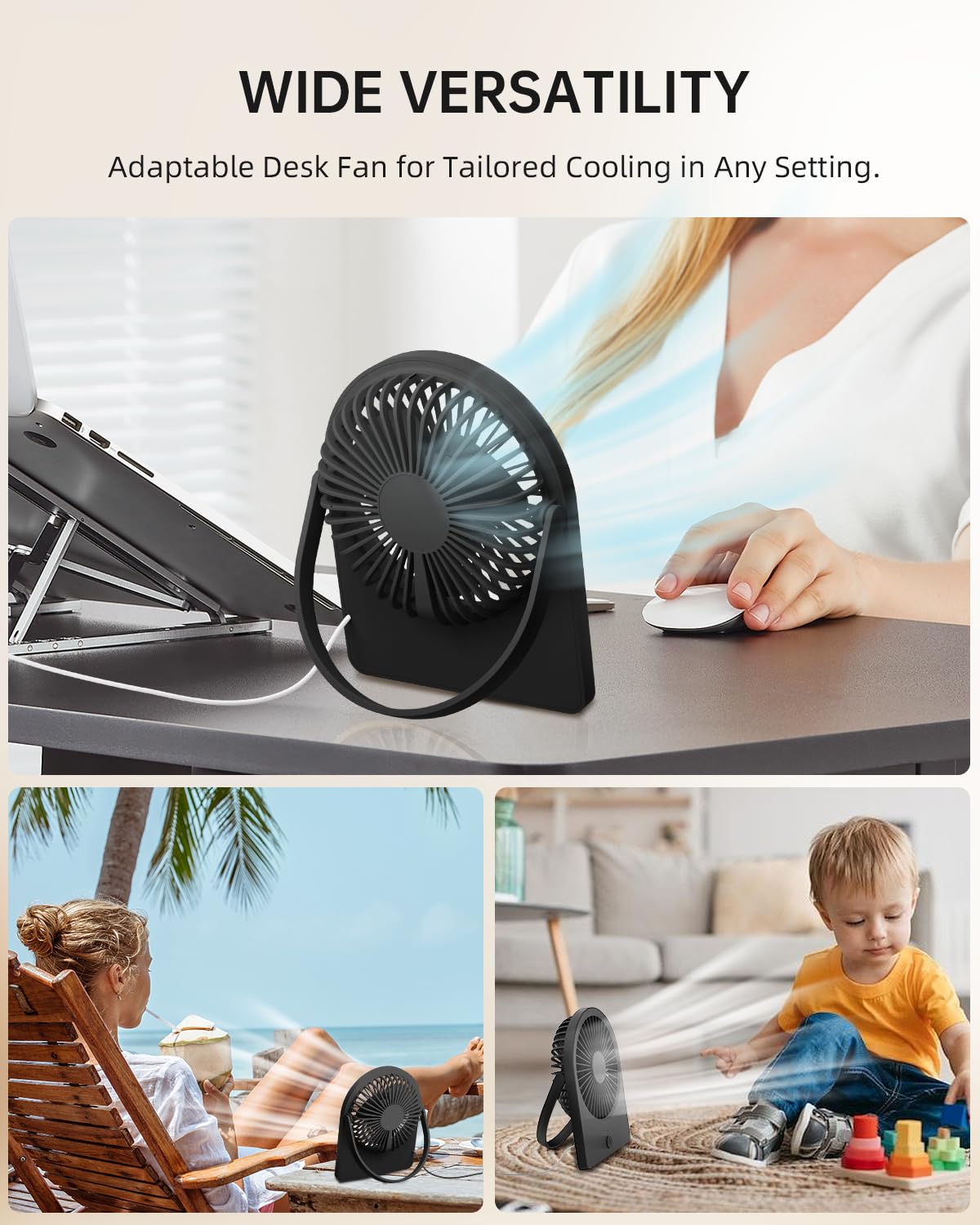 Portable Usb Desk Fan, Usb-A Corded Powered Small Personal Fan With 3-Speed, Hangable Mini Foldable