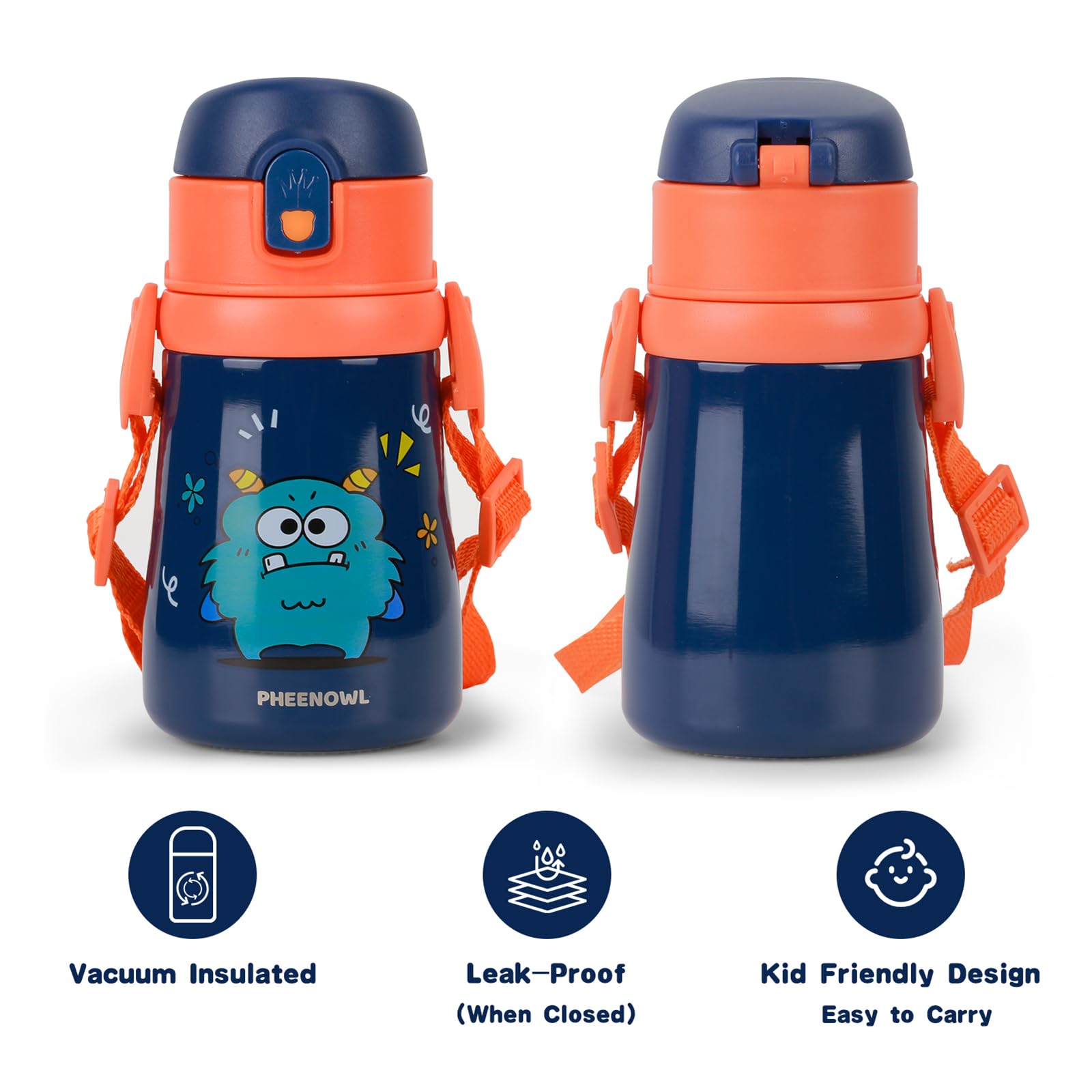 12 Oz Kids Insulated Water Bottle With Straw Lid Handles & Strap - Sus 316 Stainless Steel Leak Pro