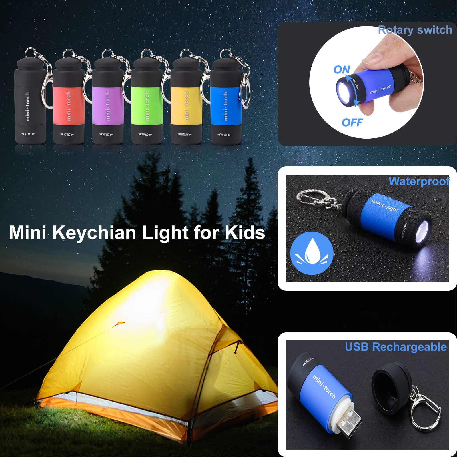 Cussity Mini Keychain Flashlights Usb Rechargeable, Colorful Small Led Flashlight Torches For Kids/Adult Hiking Camping, Waterproof Pocket Flashlights For Backpack/Belt, (3Packs)