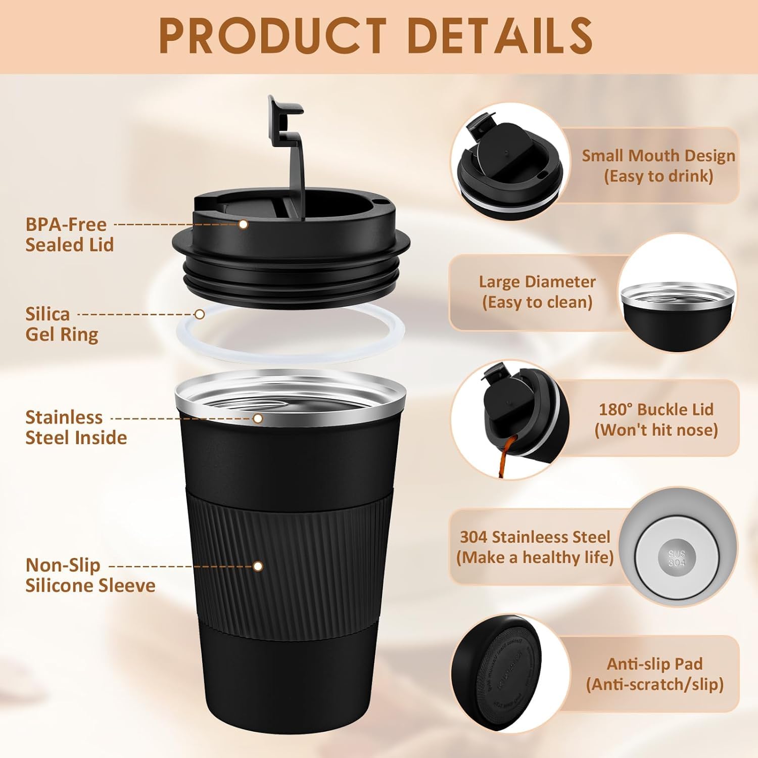Ketiee Travel Mug 12Oz, Vacuum Insulated Coffee Mug With Leakproof Lid, Travel Coffee Tumbler