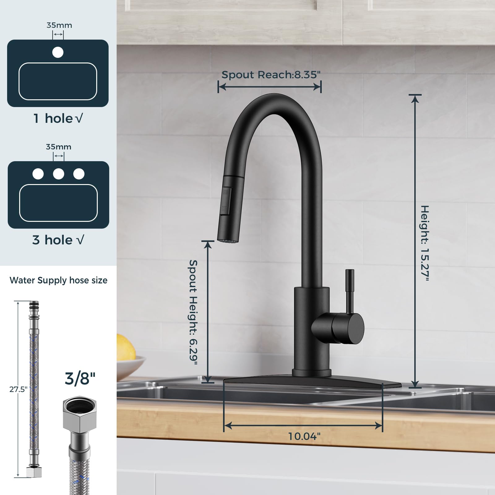 Forious Black Kitchen Faucet With Pull Down Sprayer, High Arc Modern Classic Sink Faucet Stainless Steel With Deck Plate Fit For 1 Or 3 Hole For Bar Farmhouse Laundry Rv