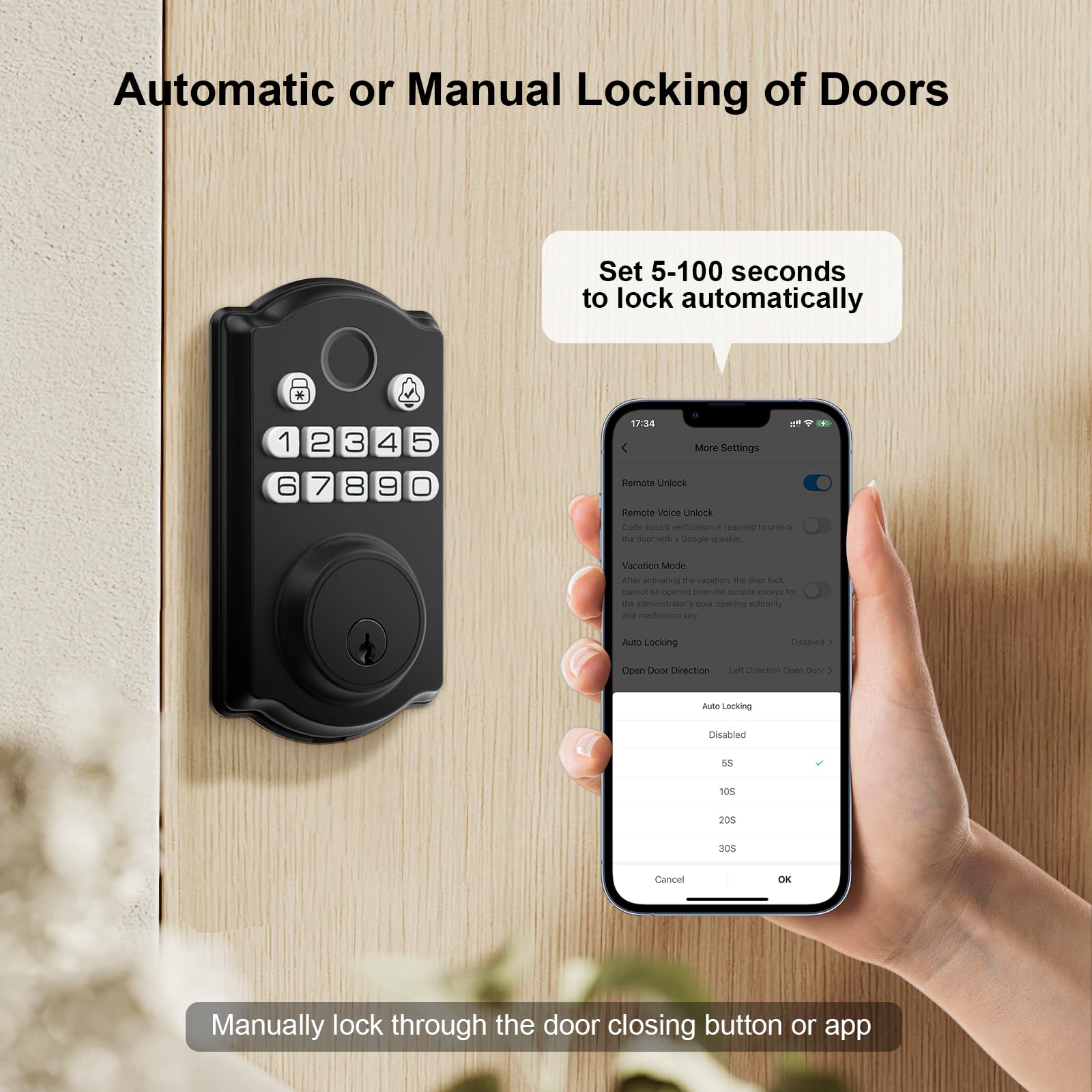 Physen Keyless Entry Door Lock - Fingerprint Door Locks With App Control - Smart Deadbolt For Front Doors - Biometric Security, Auto-Lock&One-Touch-Lock, Ip54 Waterproof, Easy Install