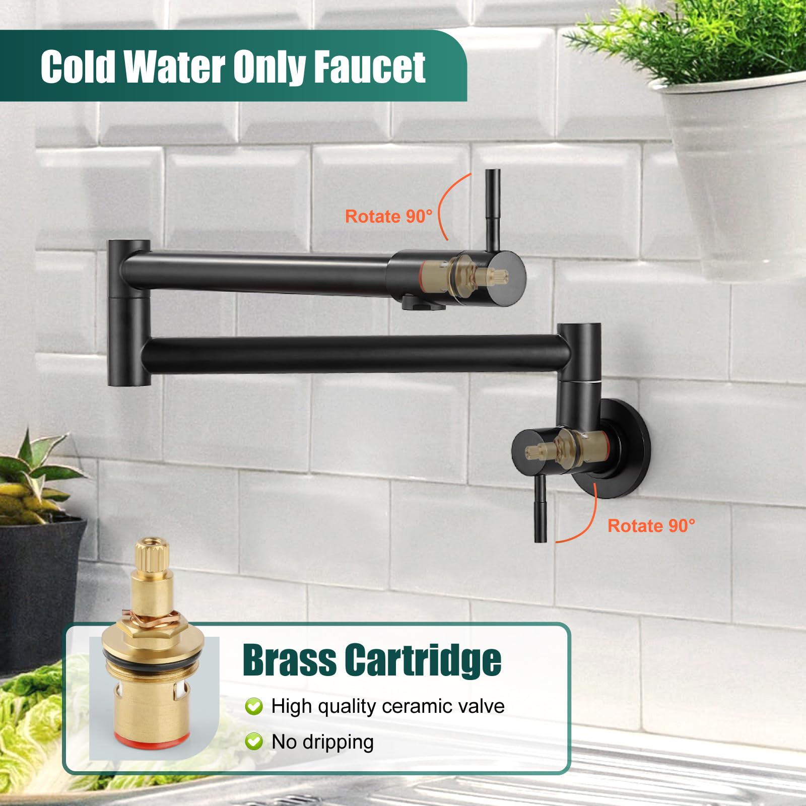 Heyalan Pot Filler Faucet Wall Mount Folding Kitchen Faucet With Double Joint Swing Arm Single Hole 2 Handles Commercial Npt Stainless Steel Separated Male Thread,24 Inch,Matte Black