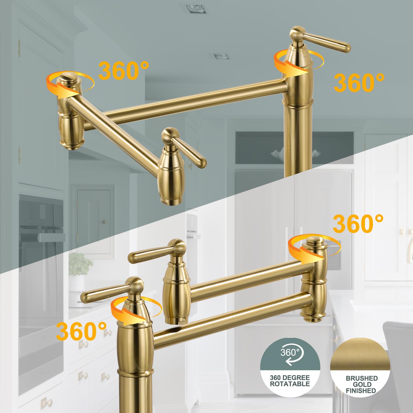Arcora Pot Filler Deck Mount Stove Faucet, Brushed Gold Pot Filler Faucet, Folding Faucet With Stretchable Double Joint Swing Arms, Solid Brass Pot Filler