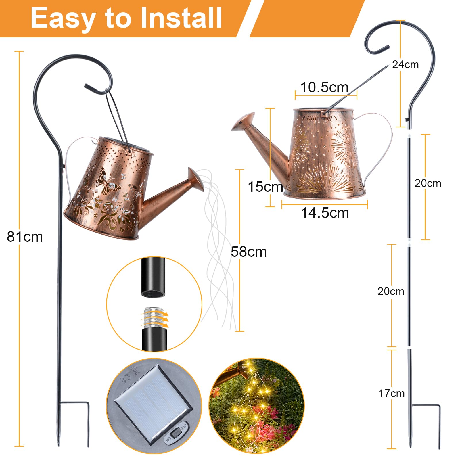 Fohil Solar Garden Lights, Solar Watering Can Lights Garden Decor, Waterproof Retro Metal Hanging Solar Lantern Outdoor Decorations For Garden Porch Lawn Driveway Backyard Pathway