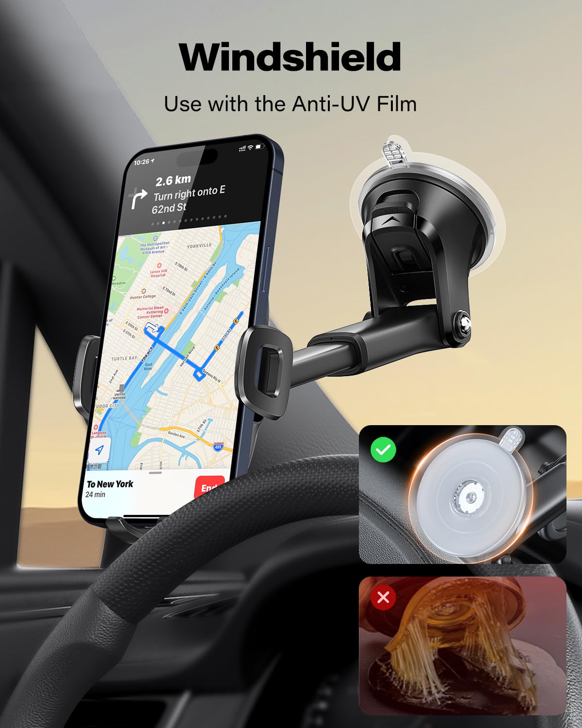 Apps2Car Suction Cup Phone Mount, Universal Phone Holders For Your Car Windshield/Dashboard/Window, Cell Phone Holder Car With Sticky Gel Pad, Compatible With Iphone, Samsung, All Cellphone
