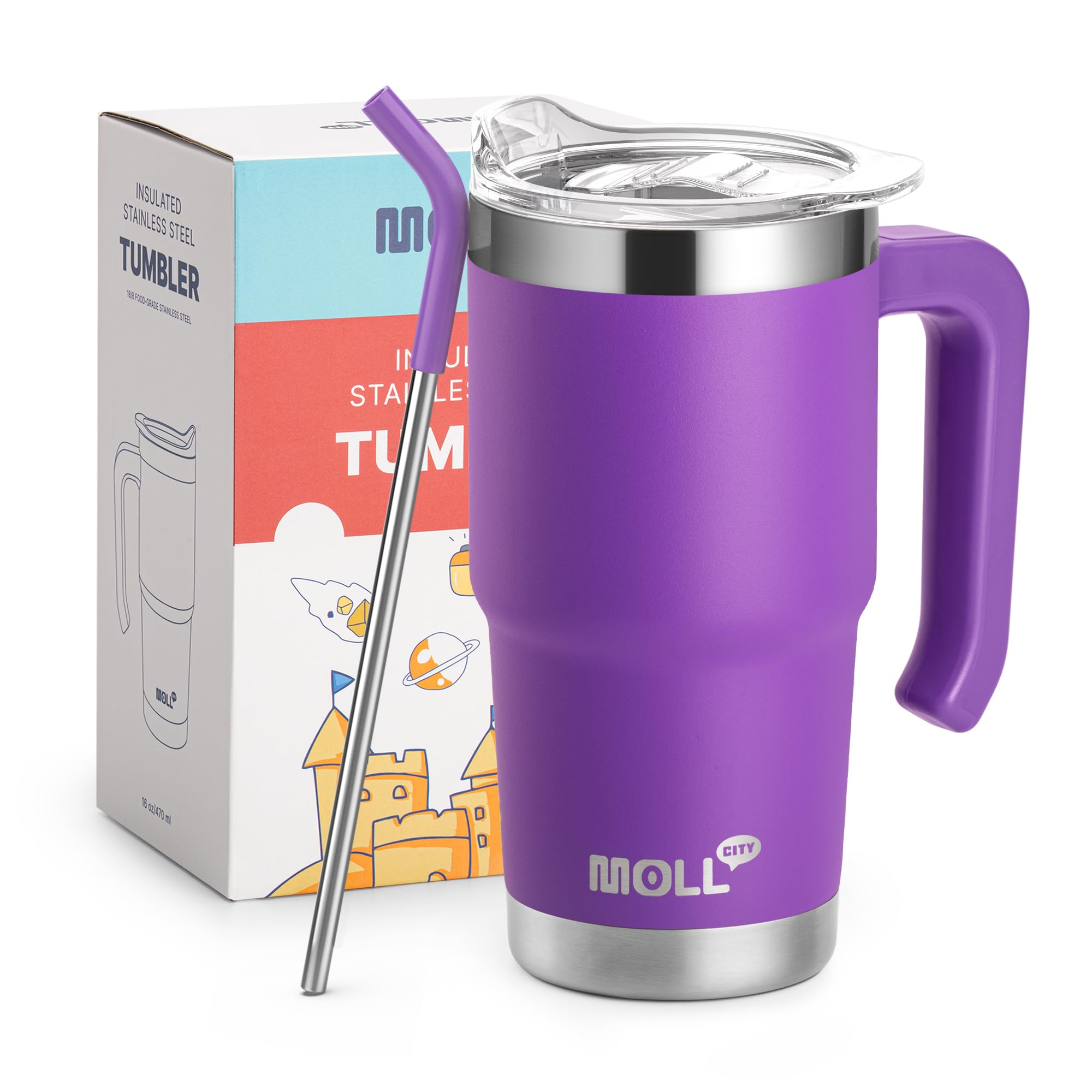 Kids 16 Oz Tumbler With Handle-Stainless Steel Double Wall Vacuum Insulated Travel Mug Water Cup