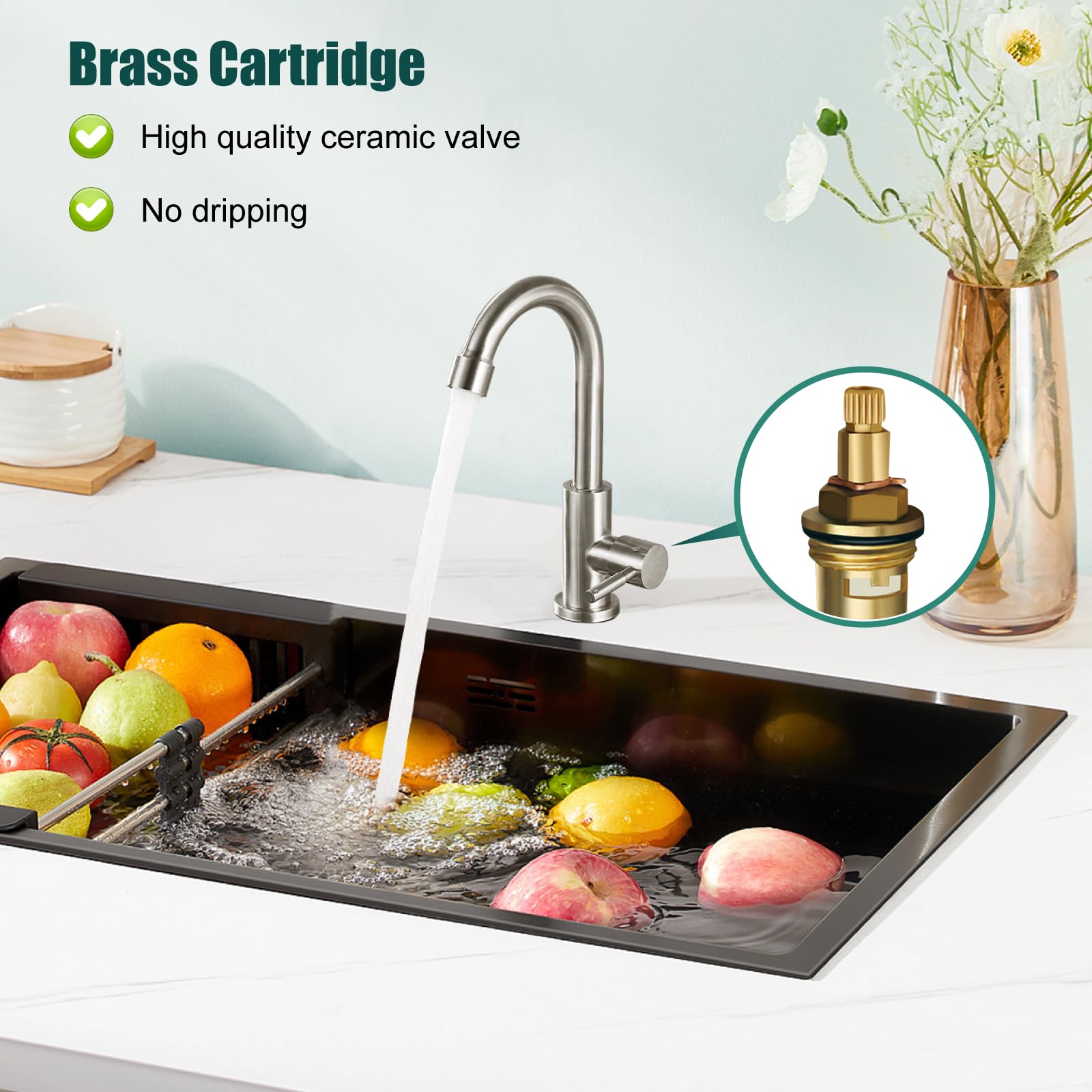 Heyalan Kitchen Faucet Single Handle 1 Hole Deck Mount Sus304 Stainless Steel Sink Bar Tap Goose Neck,Cold Water Faucet,Brushed Nickel